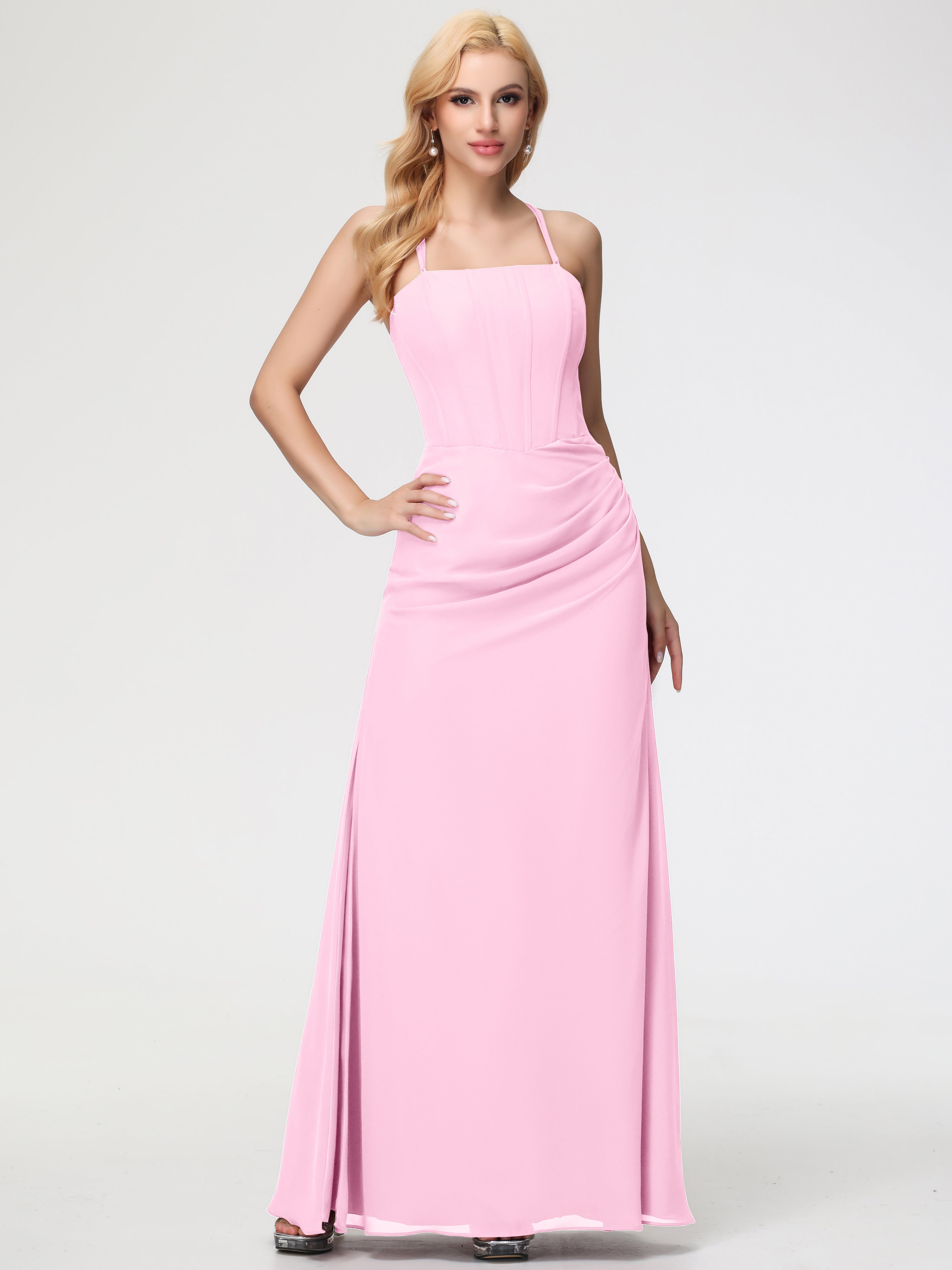 Cotton Candy Pink Bridesmaid Dresses Spaghetti Straps Sheath/Column Long Chiffon Bridesmaid Dresses with Slit Cotton Candy Pink Bridesmaid Dresses Spaghetti Straps Sheath/Column Long Chiffon Bridesmaid Dresses with Slit
