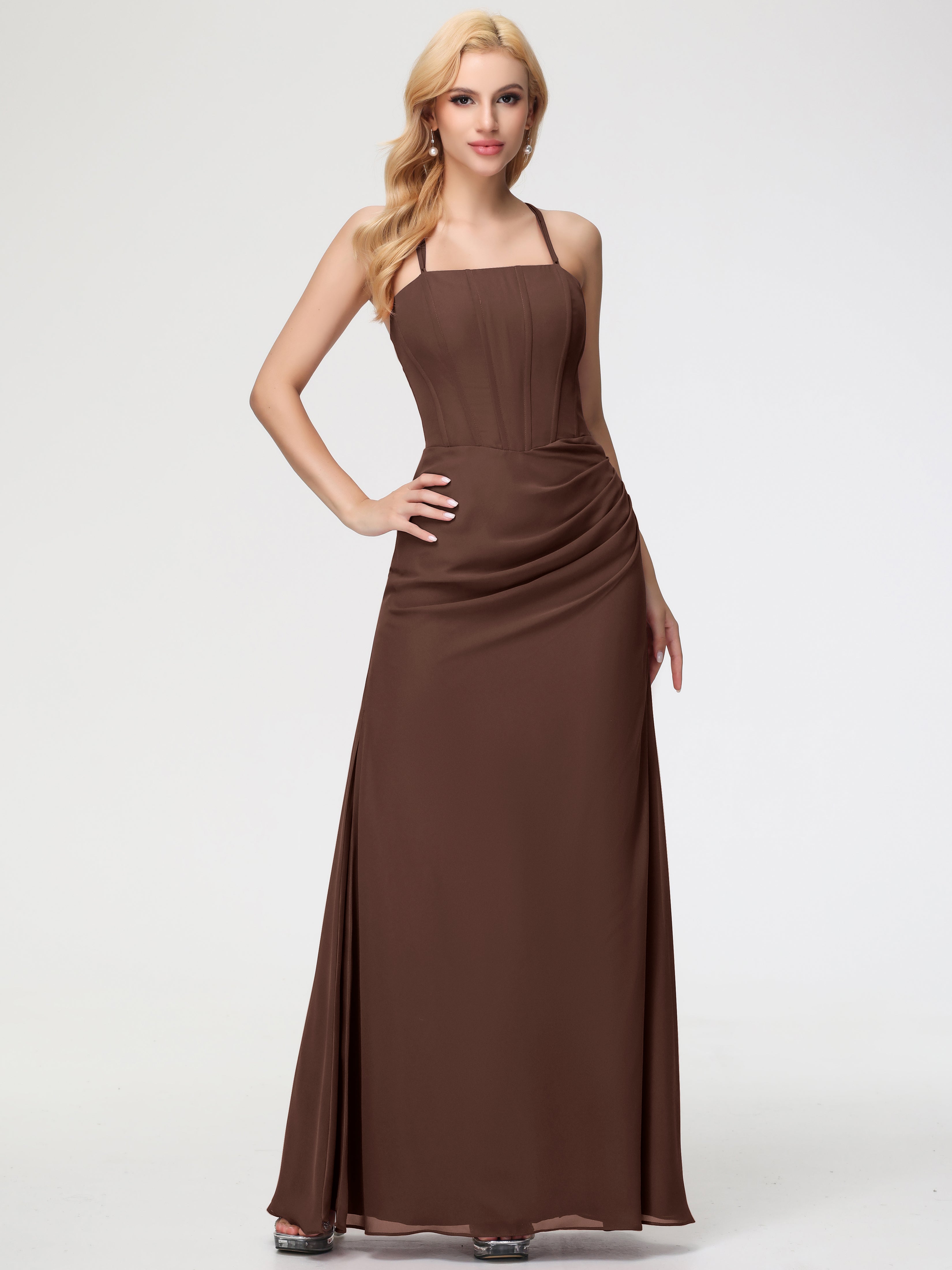 Long Chocolate Bridesmaid Dresses Spaghetti Straps Sheath/Column Long Chiffon Bridesmaid Dresses With Slit Long Chocolate Bridesmaid Dresses Spaghetti Straps Sheath/Column Long Chiffon Bridesmaid Dresses With Slit
