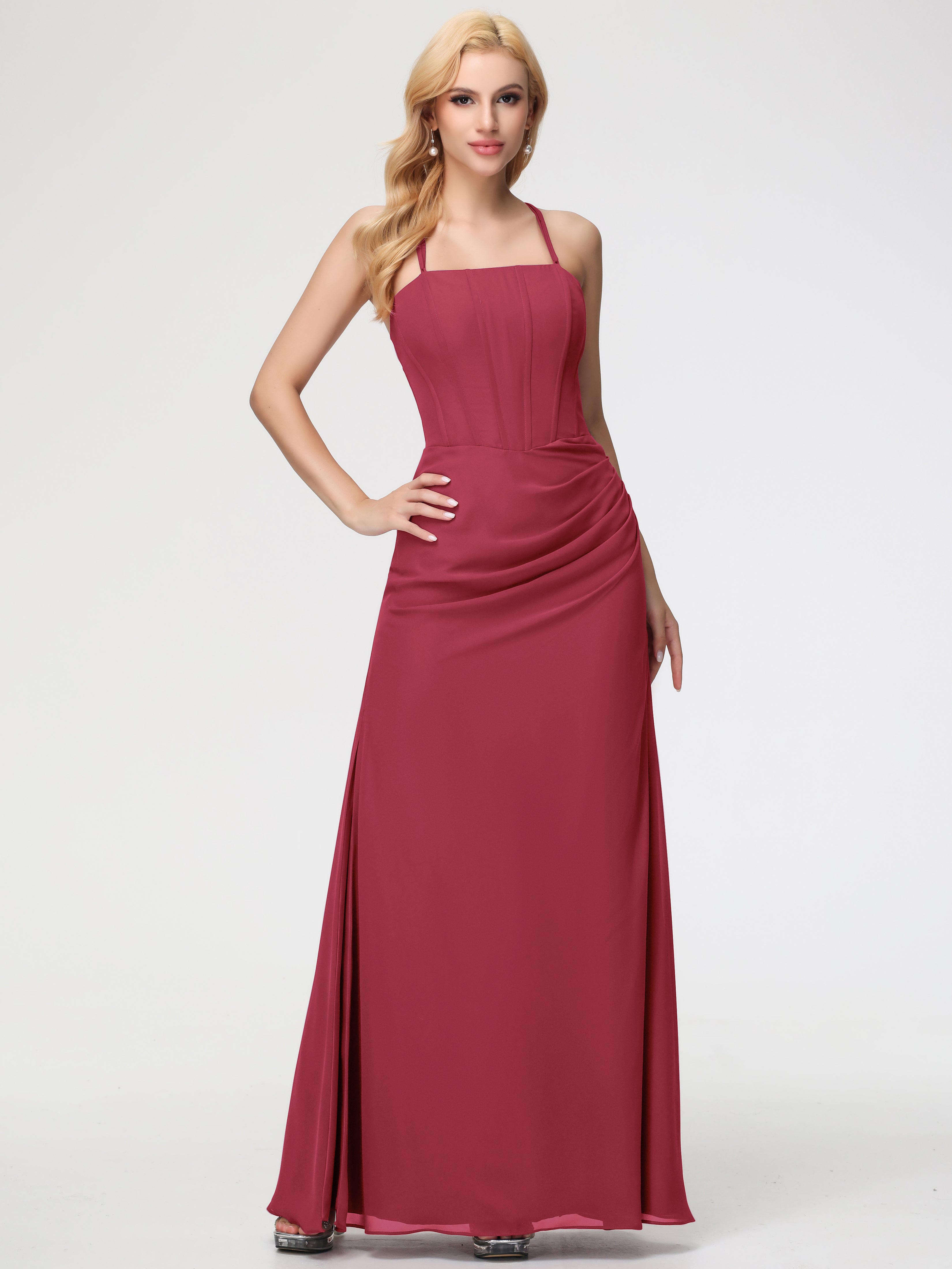 Cinnamon Color Bridesmaid Dresses Spaghetti Straps Sheath/Column Long Chiffon Bridesmaid Dresses With Slit Cinnamon Color Bridesmaid Dresses Spaghetti Straps Sheath/Column Long Chiffon Bridesmaid Dresses With Slit