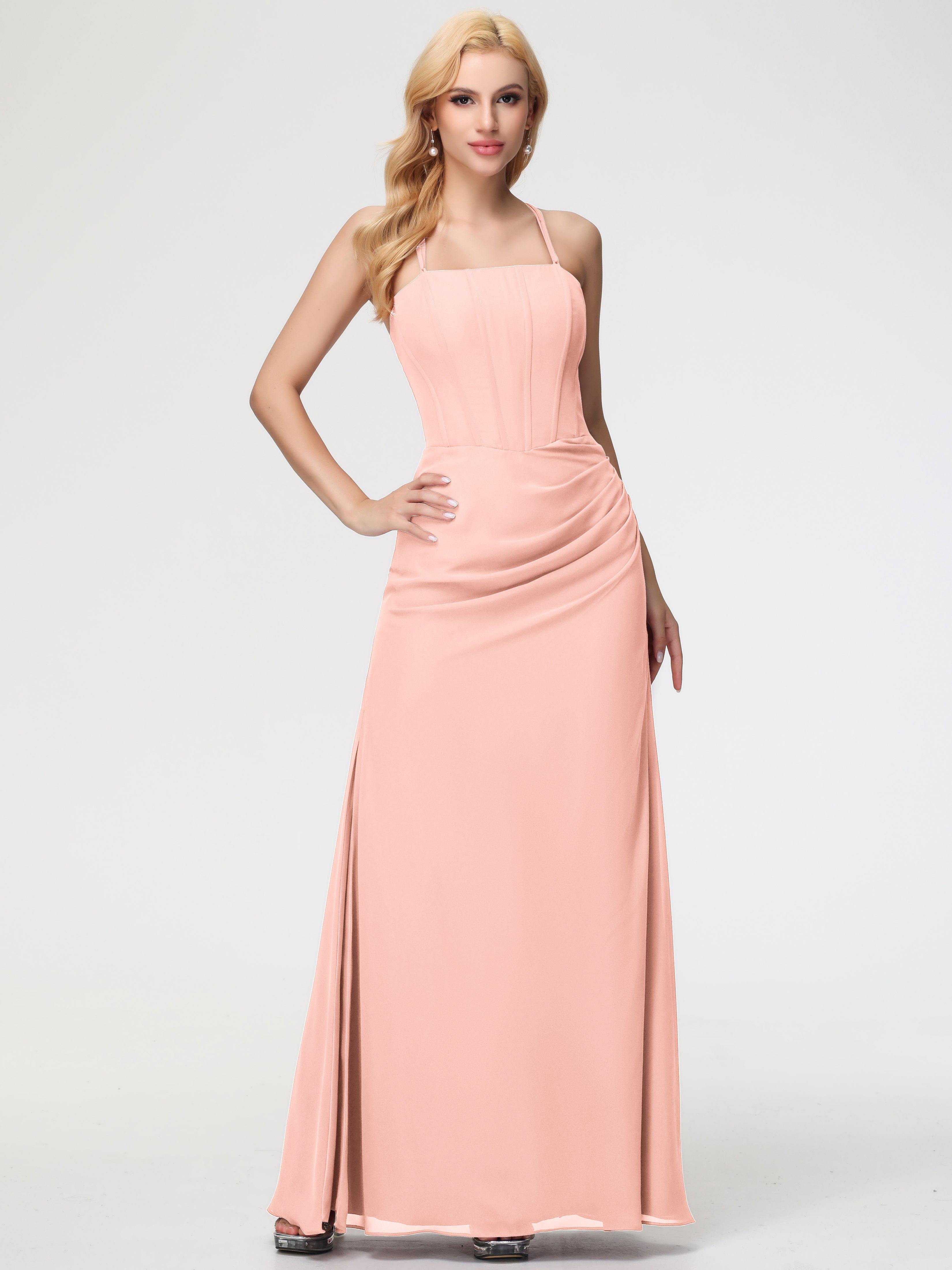 Coral Bridesmaids Dress Spaghetti Straps Sheath/Column Long Chiffon Bridesmaid Dresses with Slit Coral Bridesmaids Dress Spaghetti Straps Sheath/Column Long Chiffon Bridesmaid Dresses with Slit