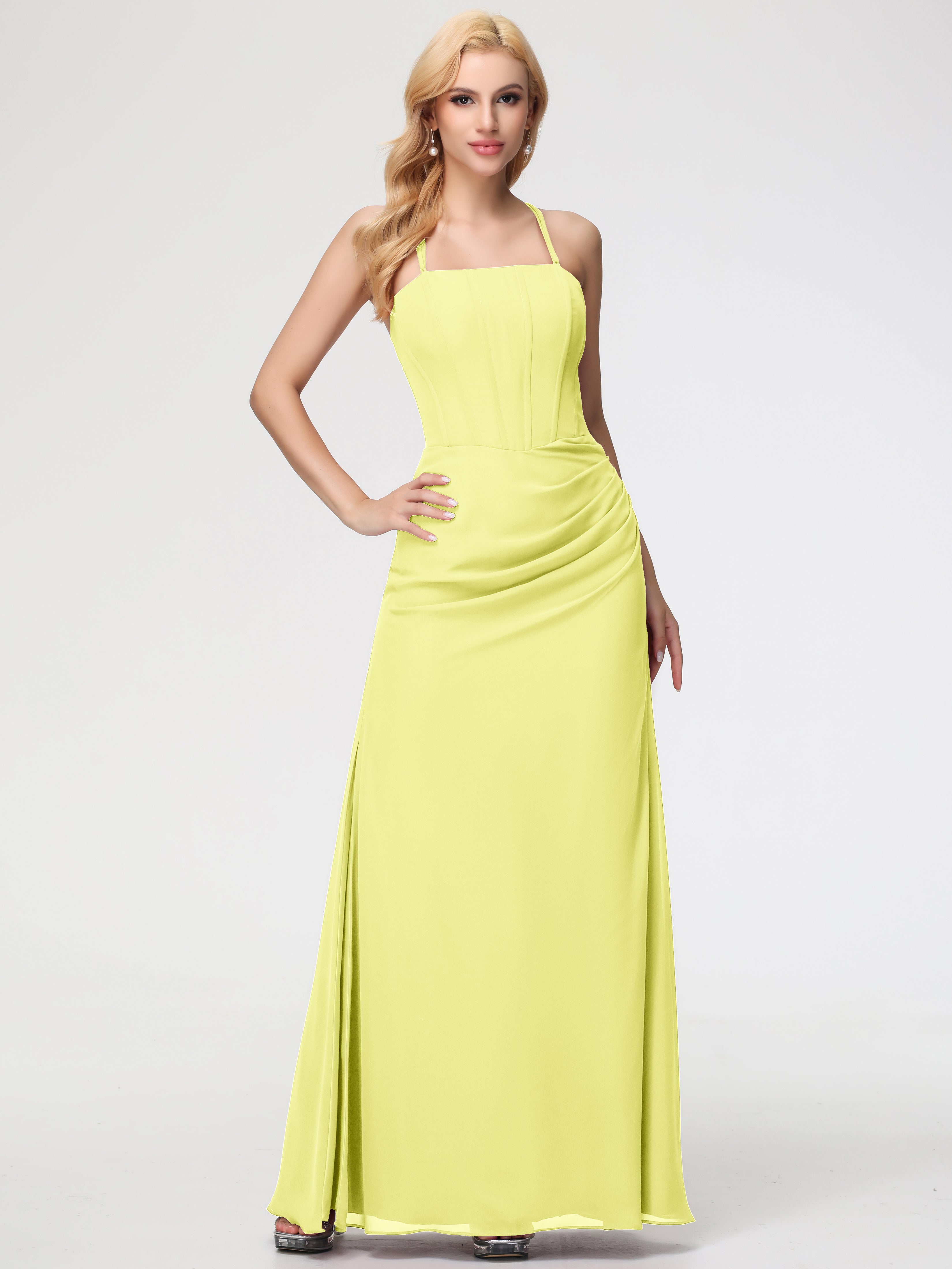 Daffodil Bridesmaid Dresses Spaghetti Straps Sheath/Column Long Chiffon Bridesmaid Dresses With Slit