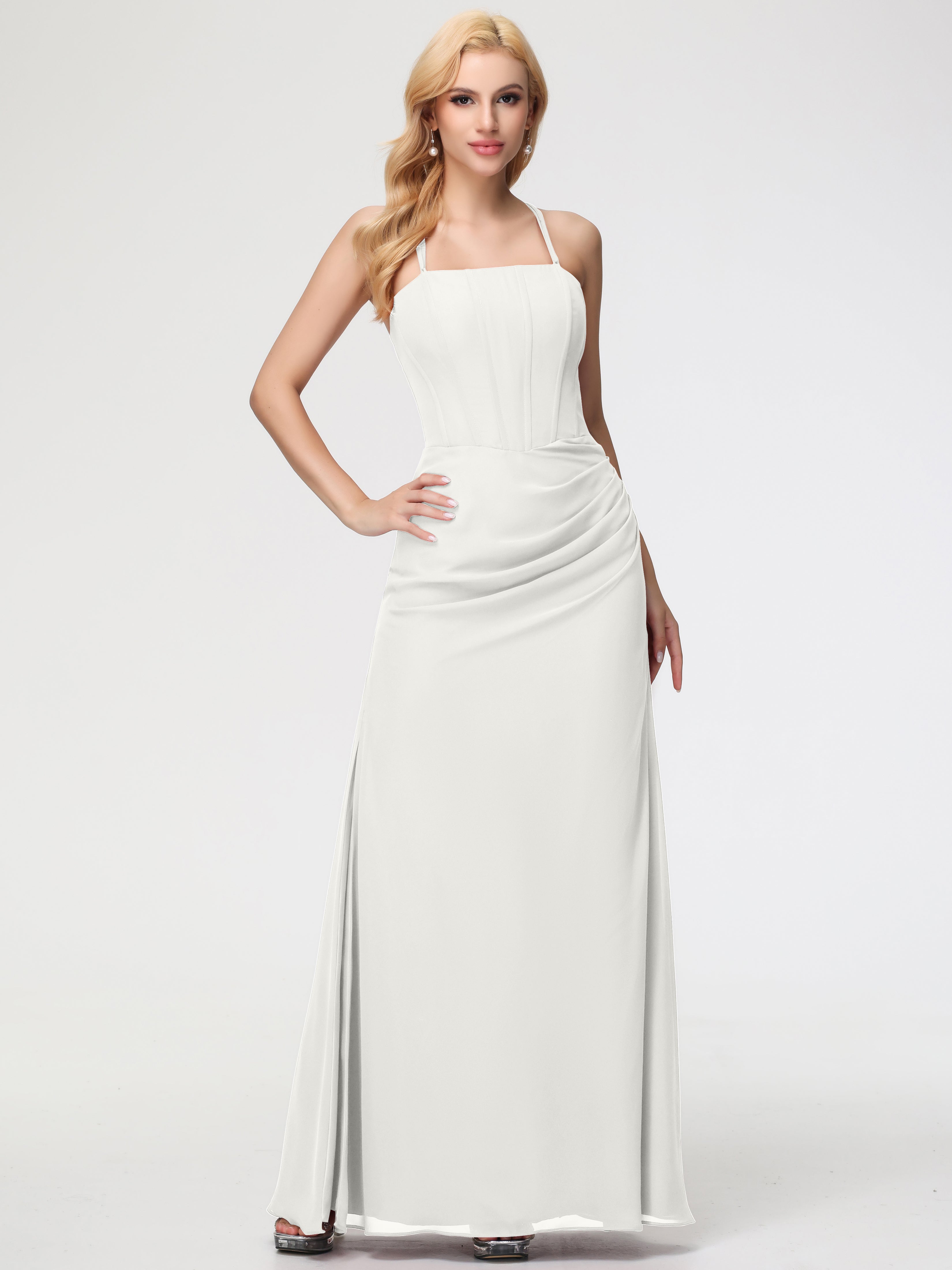 ivory chiffon bridesmaid dresses Ivory Sheath Chiffon Ruched Long Bridesmaid Dress with Slit