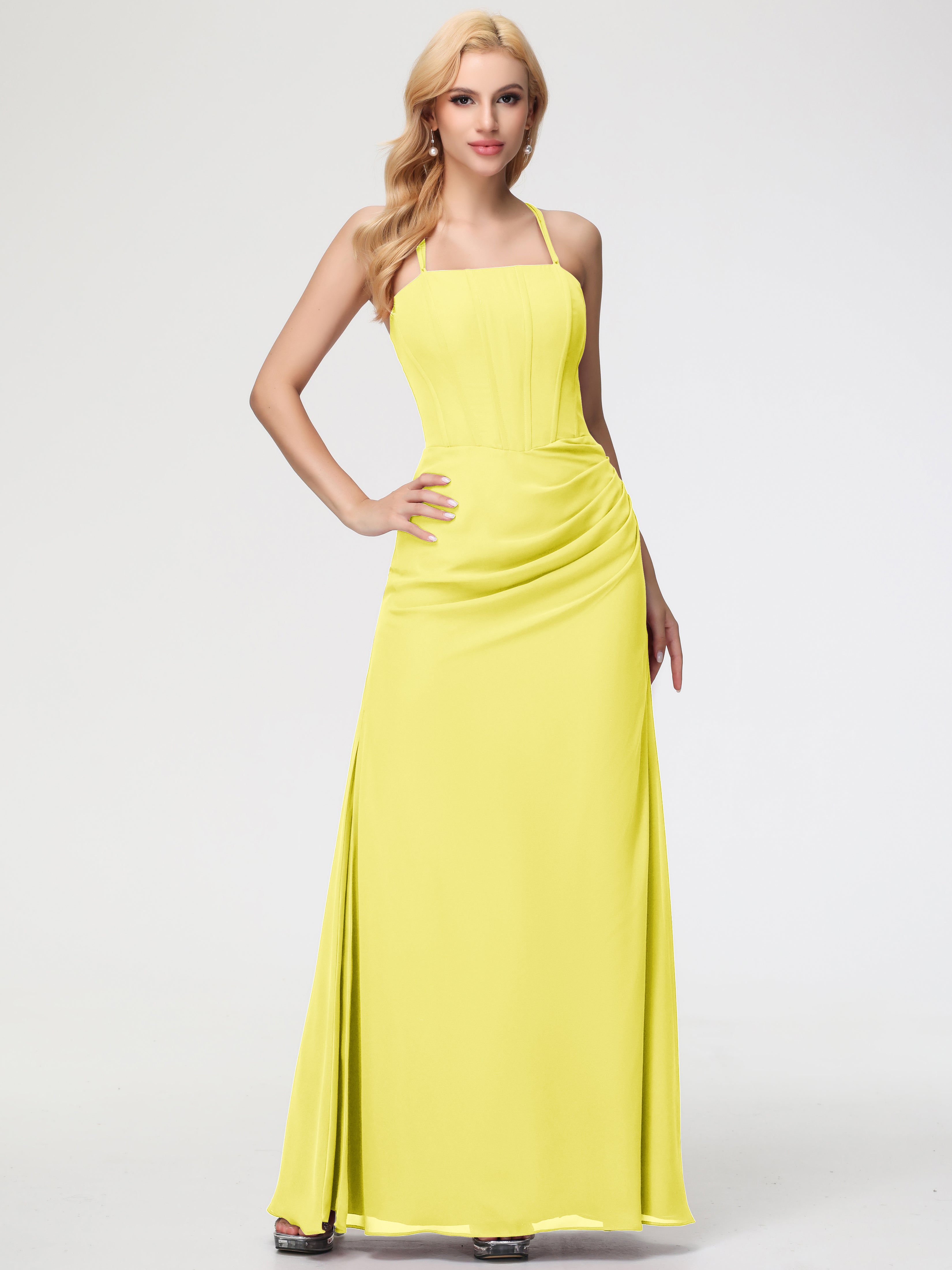 Long Lemon Bridesmaid Dresses Spaghetti Straps Sheath/Column Long Chiffon Bridesmaid Dresses With Slit Long Lemon Bridesmaid Dresses Spaghetti Straps Sheath/Column Long Chiffon Bridesmaid Dresses With Slit