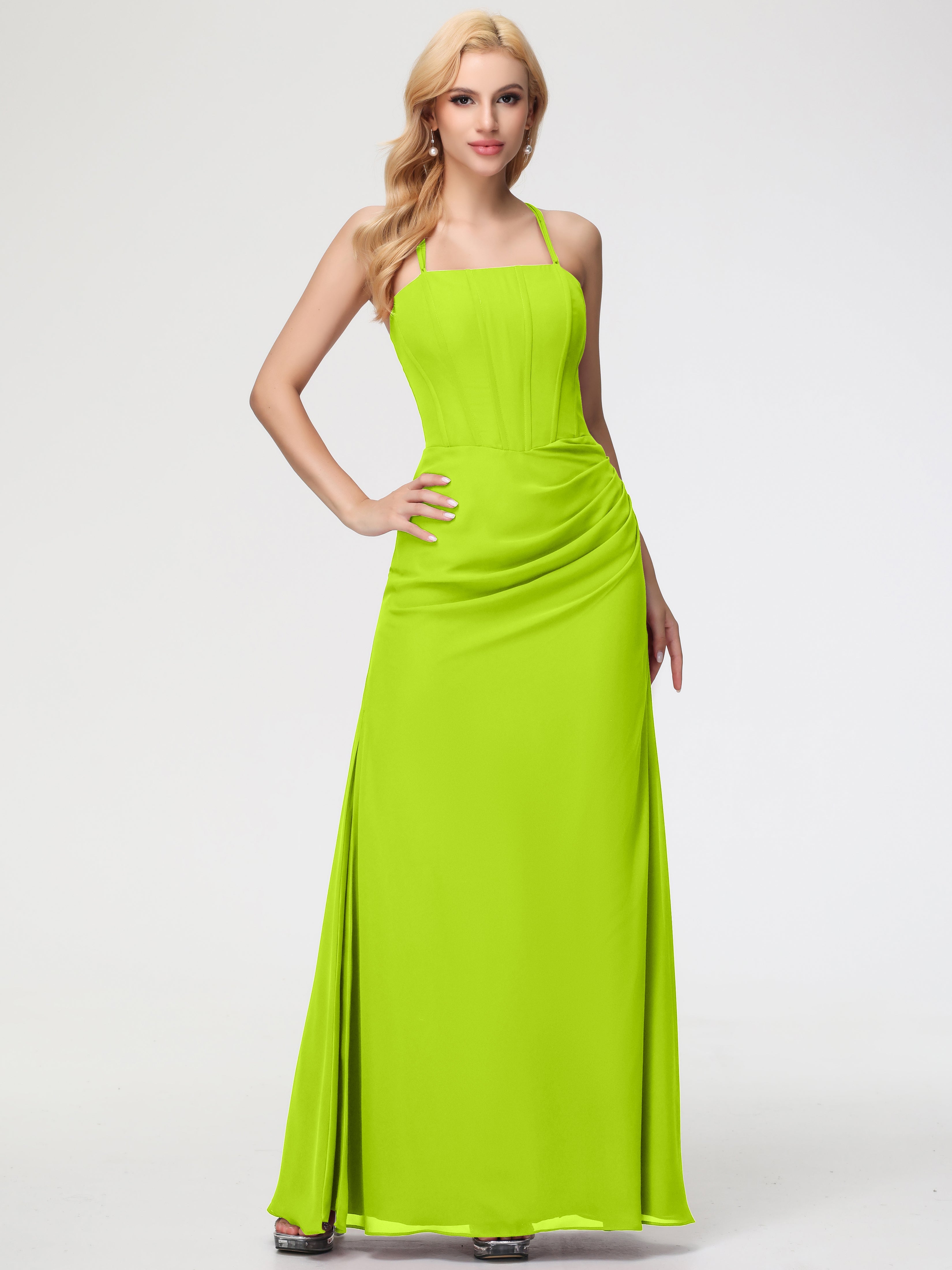 Bright Lime Green Bridesmaid Dresses Spaghetti Straps Sheath/Column Long Chiffon Bridesmaid Dresses with Slit Bright Lime Green Bridesmaid Dresses Spaghetti Straps Sheath/Column Long Chiffon Bridesmaid Dresses with Slit