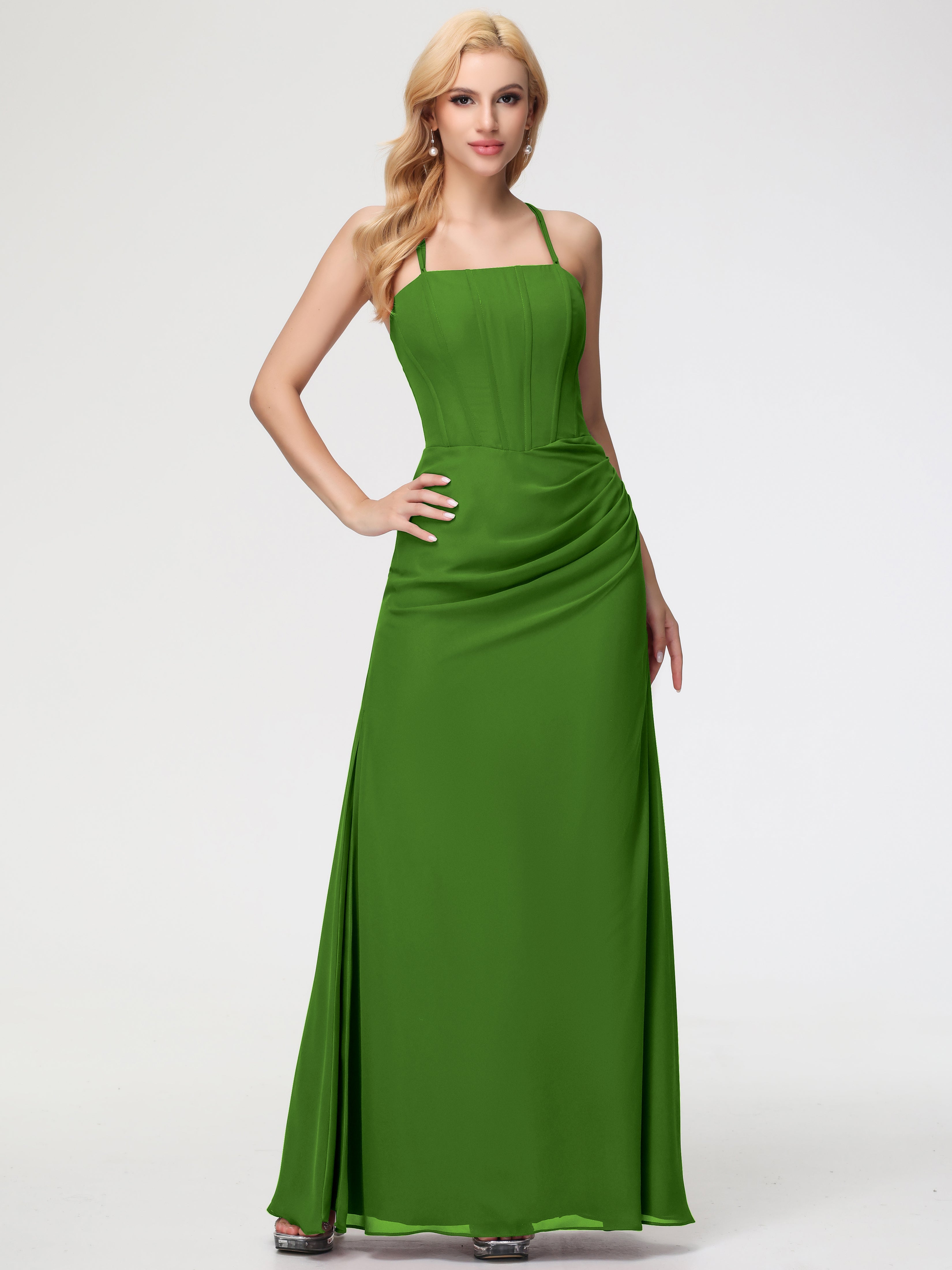 Moss Green Bridesmaid Dresses Spaghetti Straps Sheath/Column Long Chiffon Bridesmaid Dresses With Slit Moss Green Bridesmaid Dresses Spaghetti Straps Sheath/Column Long Chiffon Bridesmaid Dresses With Slit