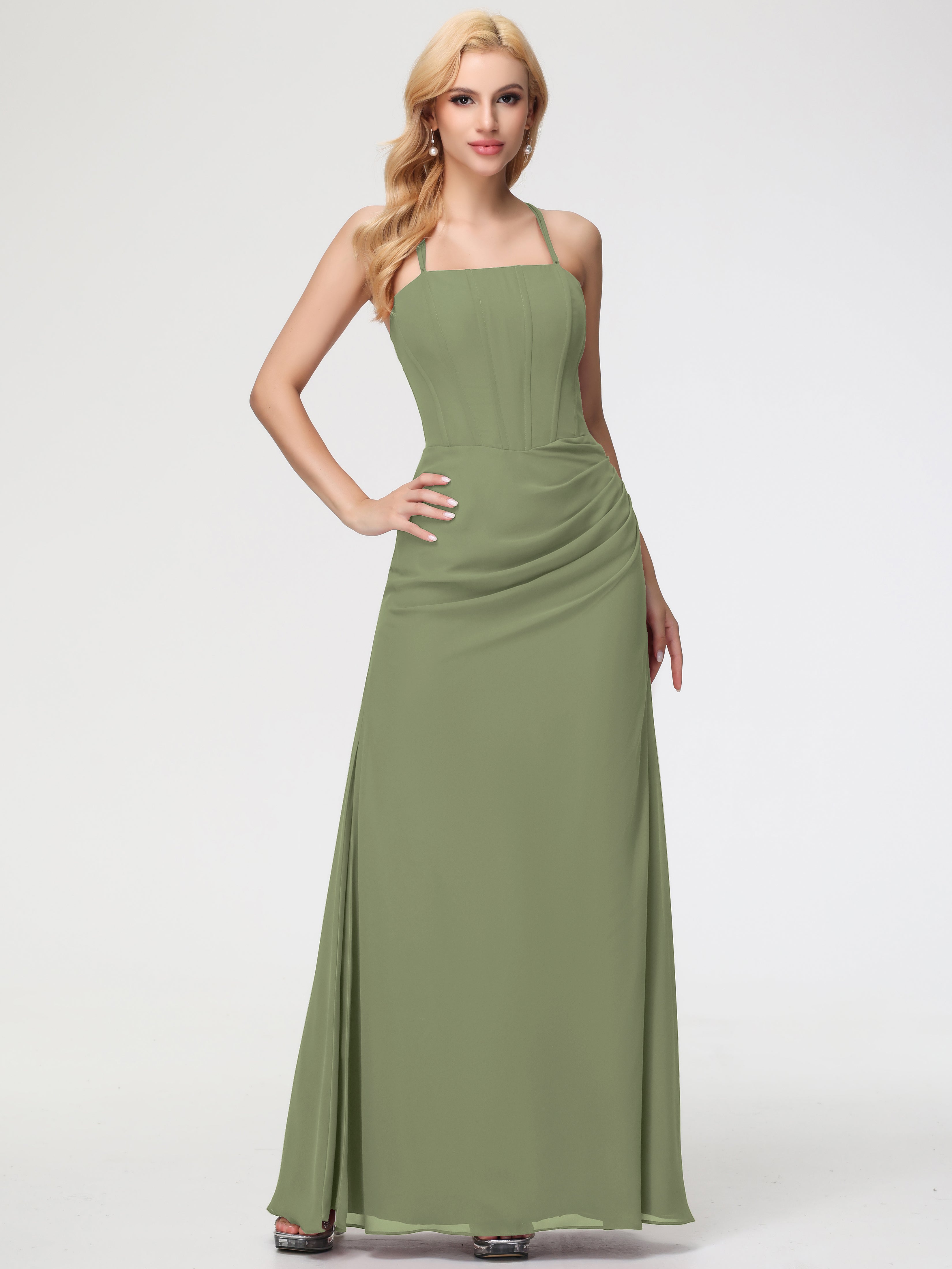 olive green dresses for bridesmaids BABARONI BABARONI Acetate Satin Olive Green Bridesmaid Dresses One Shoulder Floor-length Spaghetti Straps Pleated Sheath, Olive Green / US0