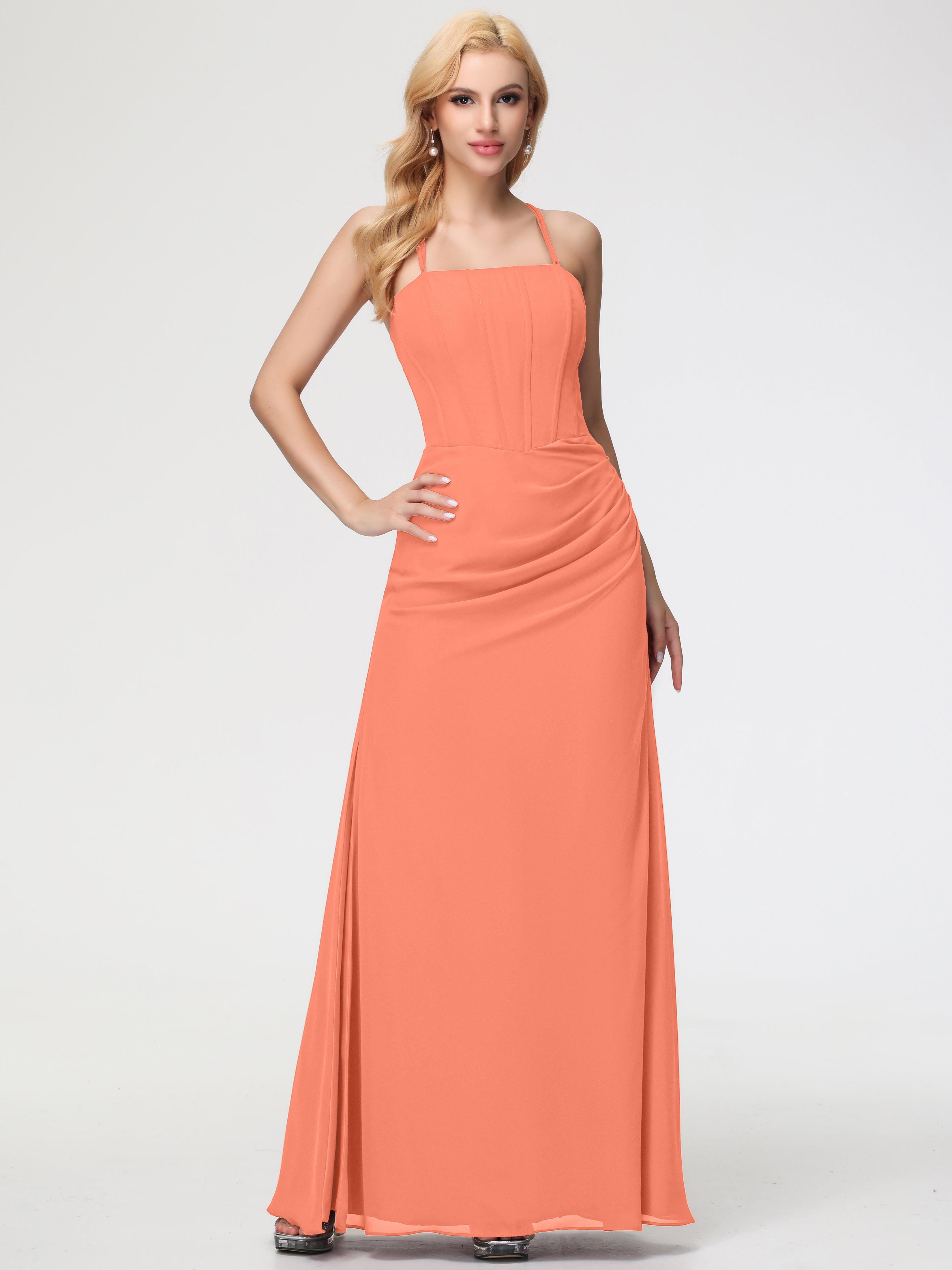 Sunset Peach Bridesmaid Dresses Spaghetti Straps Sheath/Column Long Chiffon Bridesmaid Dresses With Slit Sunset Peach Bridesmaid Dresses Spaghetti Straps Sheath/Column Long Chiffon Bridesmaid Dresses With Slit