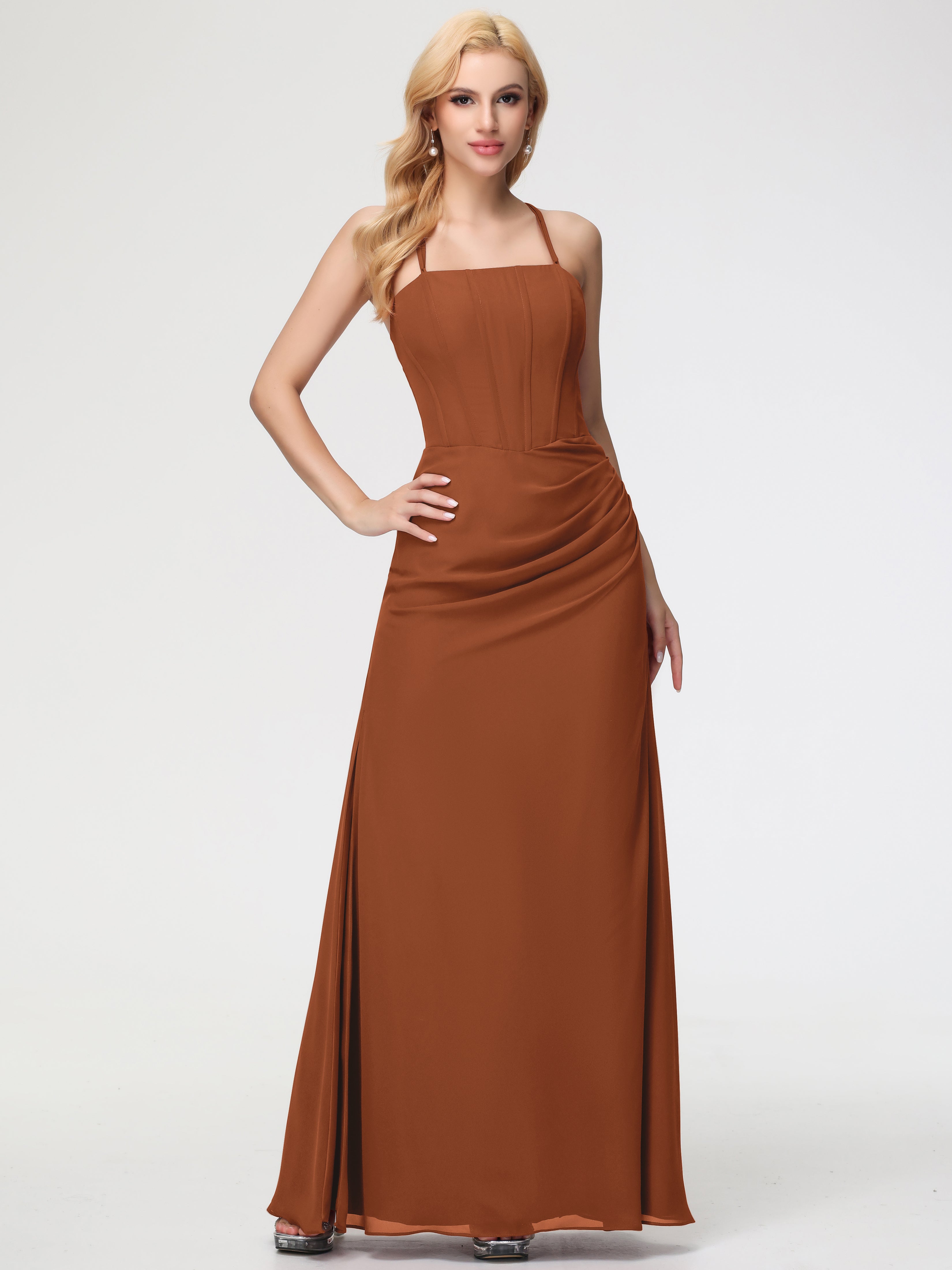 Terracotta Color Bridesmaid Dresses Spaghetti Straps Sheath/Column Long Chiffon Bridesmaid Dresses With Slit Terracotta Color Bridesmaid Dresses Spaghetti Straps Sheath/Column Long Chiffon Bridesmaid Dresses With Slit