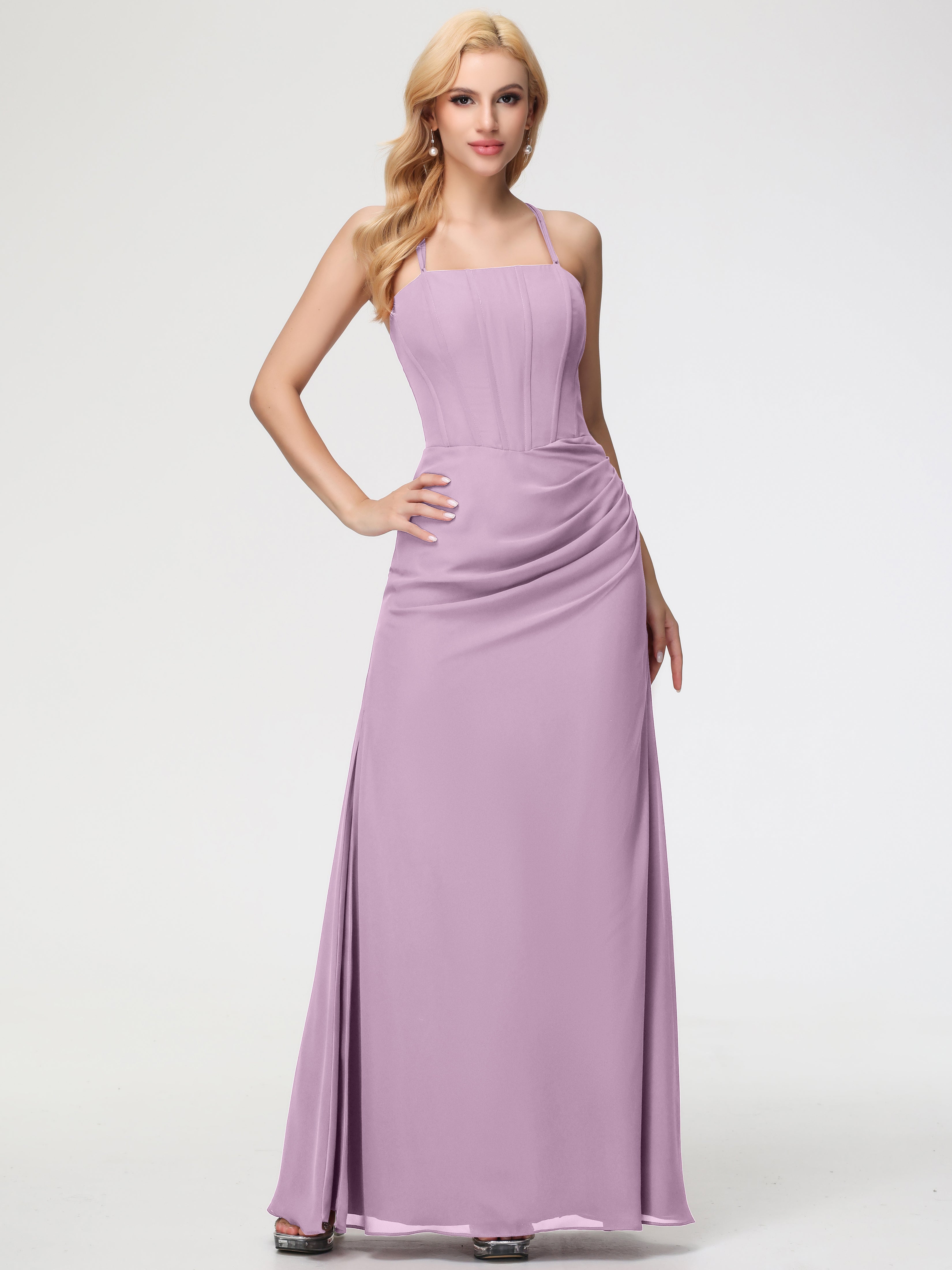 Wisteria Bridesmaids Spaghetti Straps Sheath/Column Long Chiffon Bridesmaid Dresses With Slit