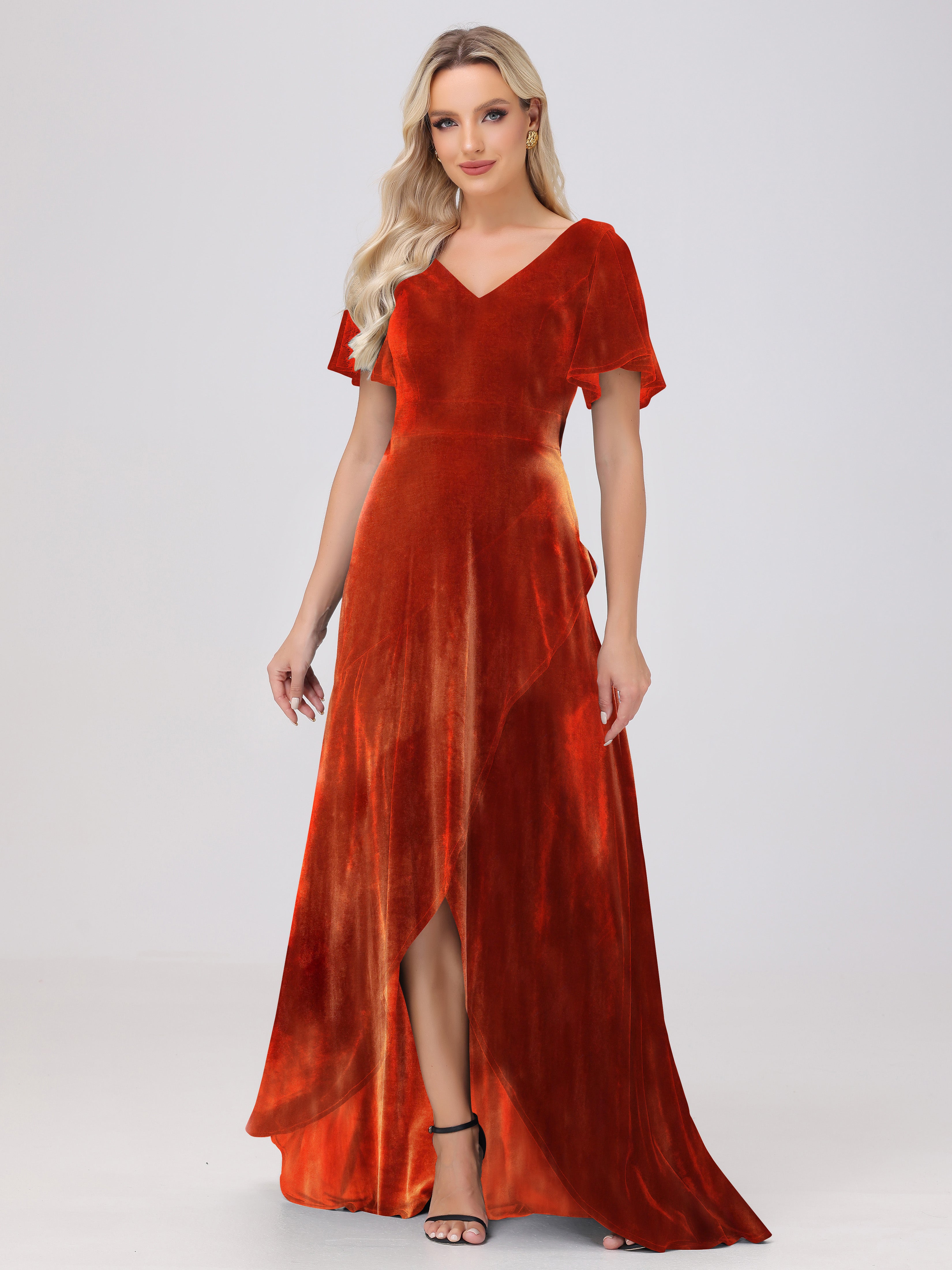 V-Neck Short Sleeves Ruffles Velvet Bridesmaid Dresses, Burnt_Orange V-Neck Short Sleeves Ruffles Velvet Bridesmaid Dresses, Burnt_Orange