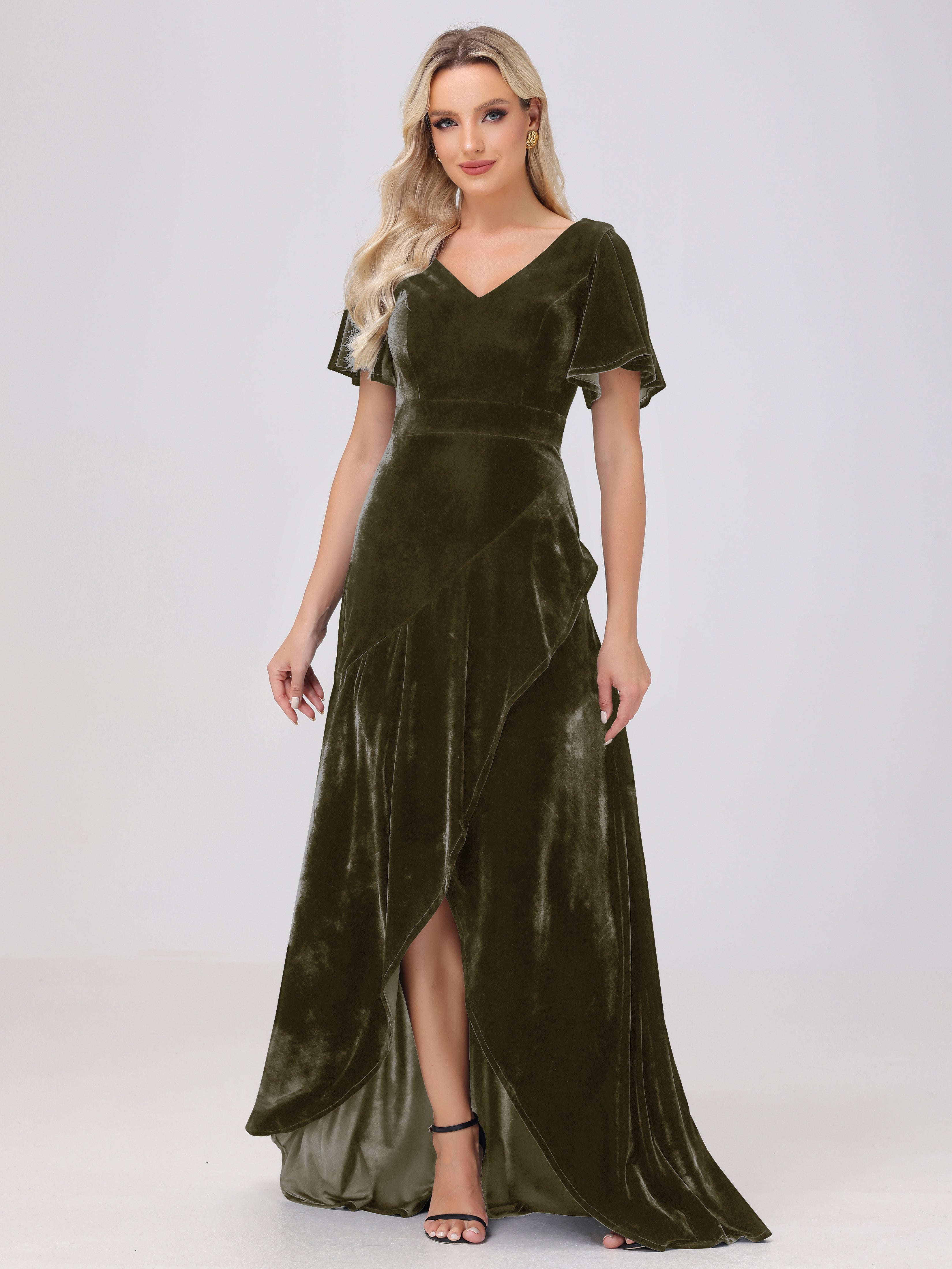 V-Neck Short Sleeves Ruffles Velvet Mother of the Bride Dress, Dark_Olive_Green V-Neck Short Sleeves Ruffles Velvet Mother of the Bride Dress, Dark_Olive_Green