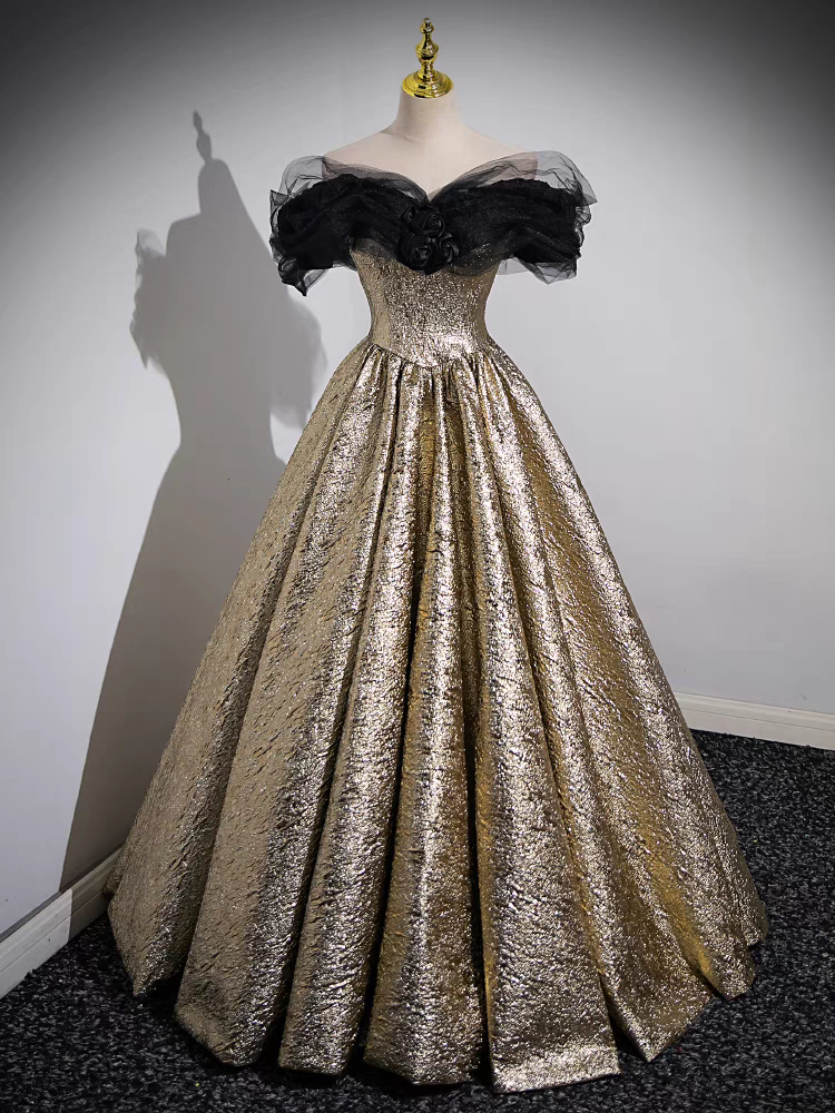 Vintage Black Tulle Neckline Prom Dress Gold Glitter Satin Quinceanera Dress Vintage Black Tulle Neckline Prom Dress Gold Glitter Satin Quinceanera Dress