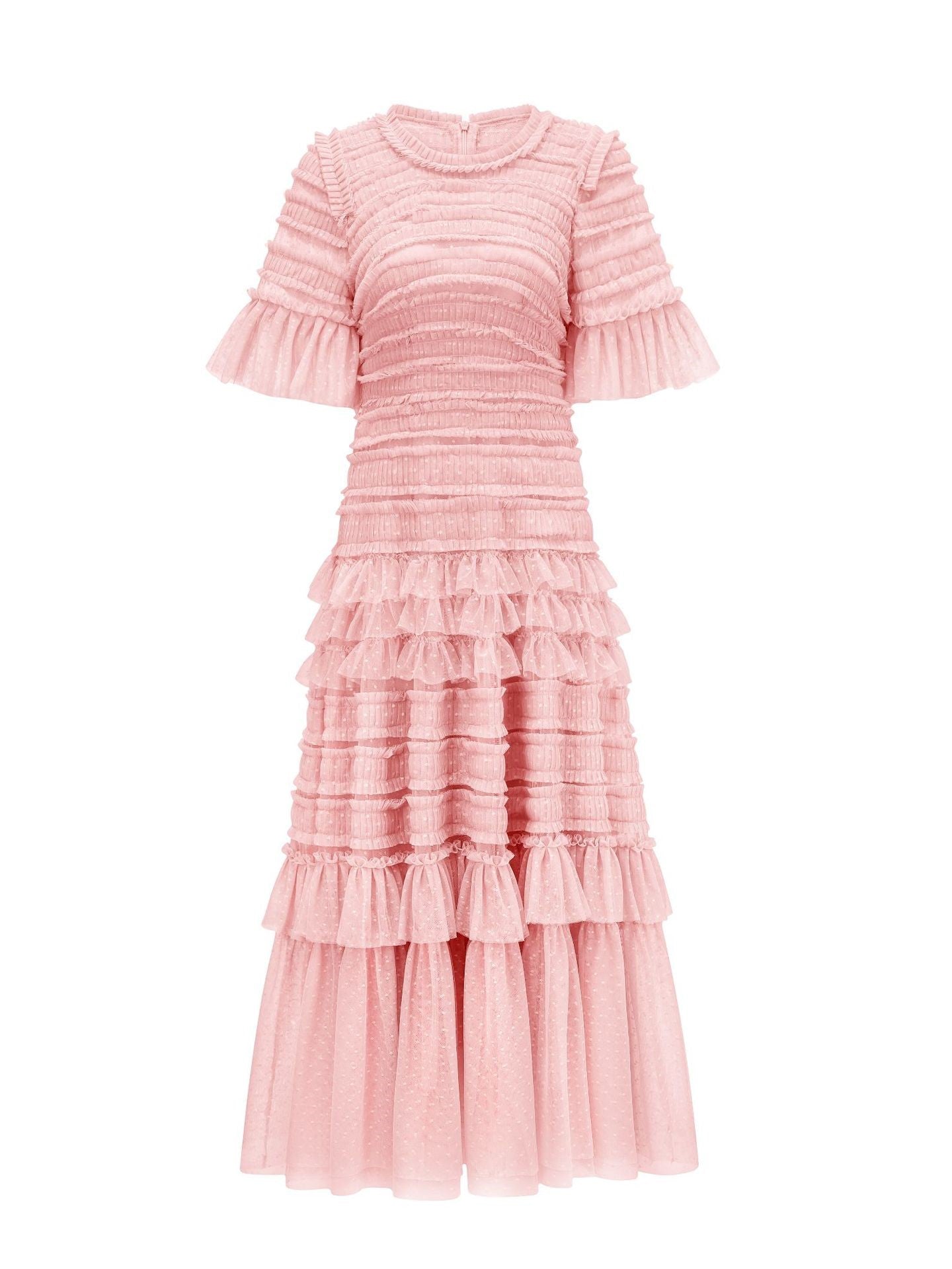 Pink Elegant Short Sleeves Round Neck Layers Long Formal Dress Pink Elegant Short Sleeves Round Neck Layers Long Formal Dress