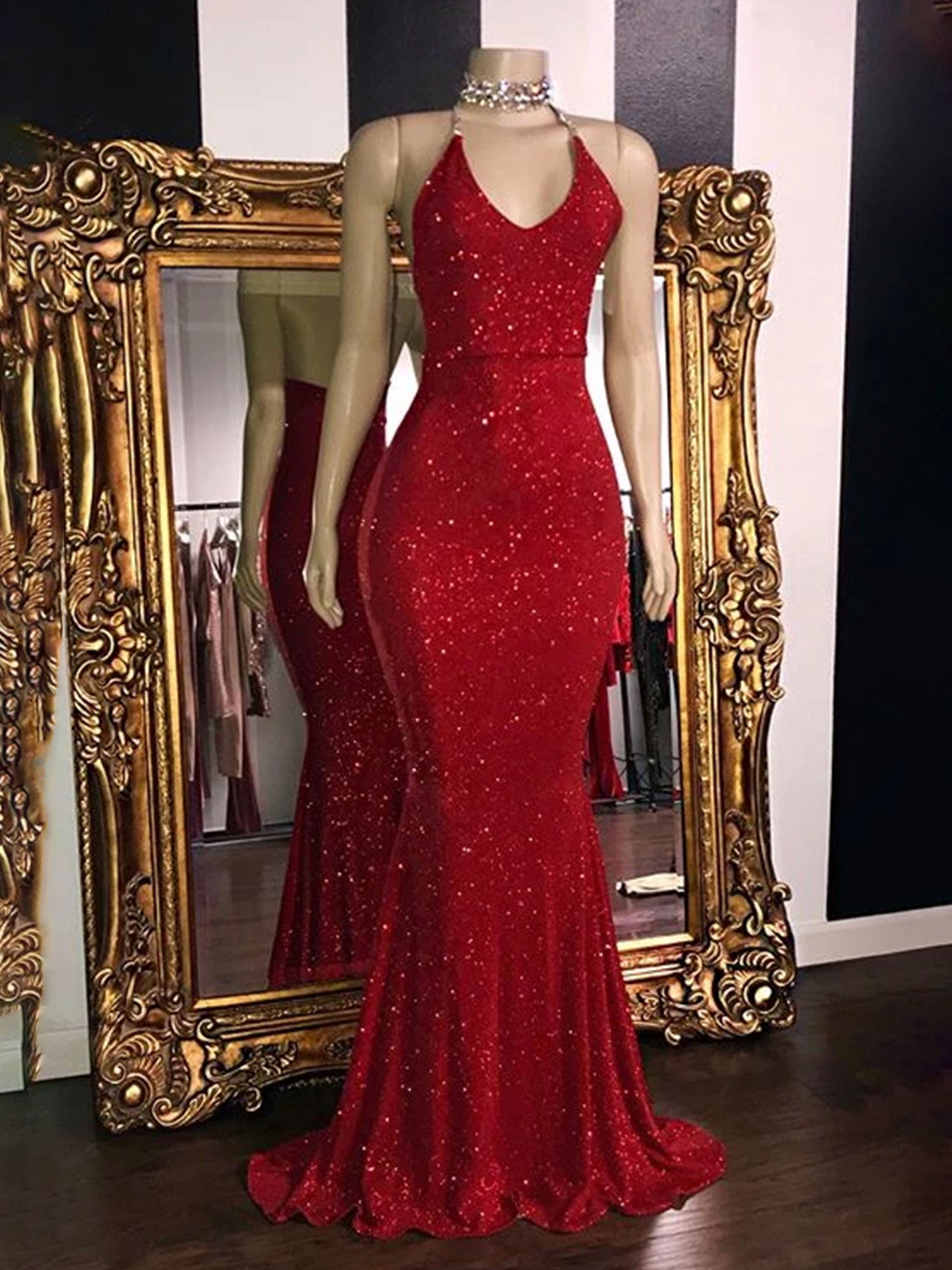 Glitter Halter Mermaid/Trumpet Backless Long Formal Dresses Glitter Halter Mermaid/Trumpet Backless Long Formal Dresses