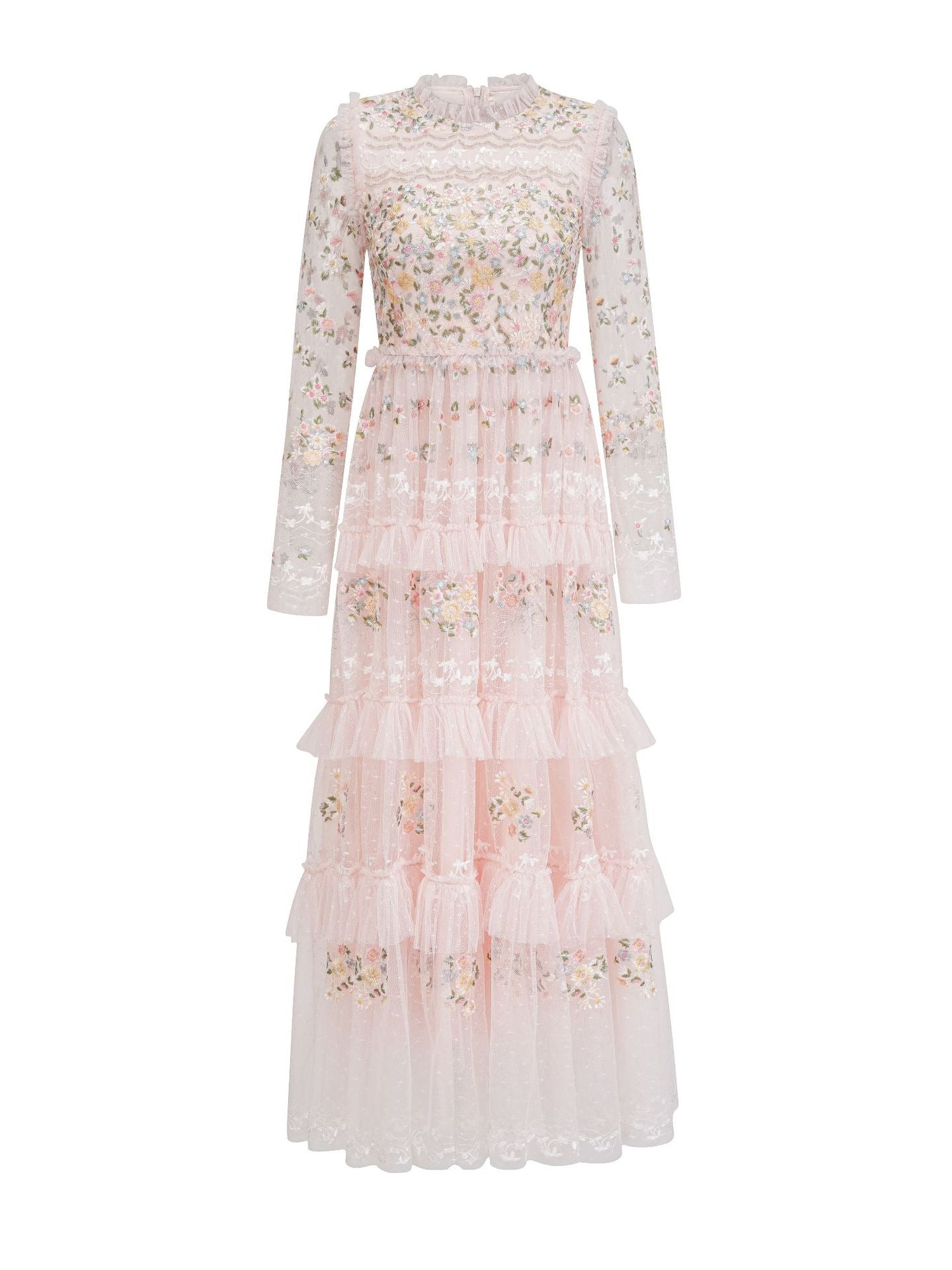 A Line Long Sleeve Floral Embroidered Tiered Prom Dress A Line Long Sleeve Floral Embroidered Tiered Prom Dress