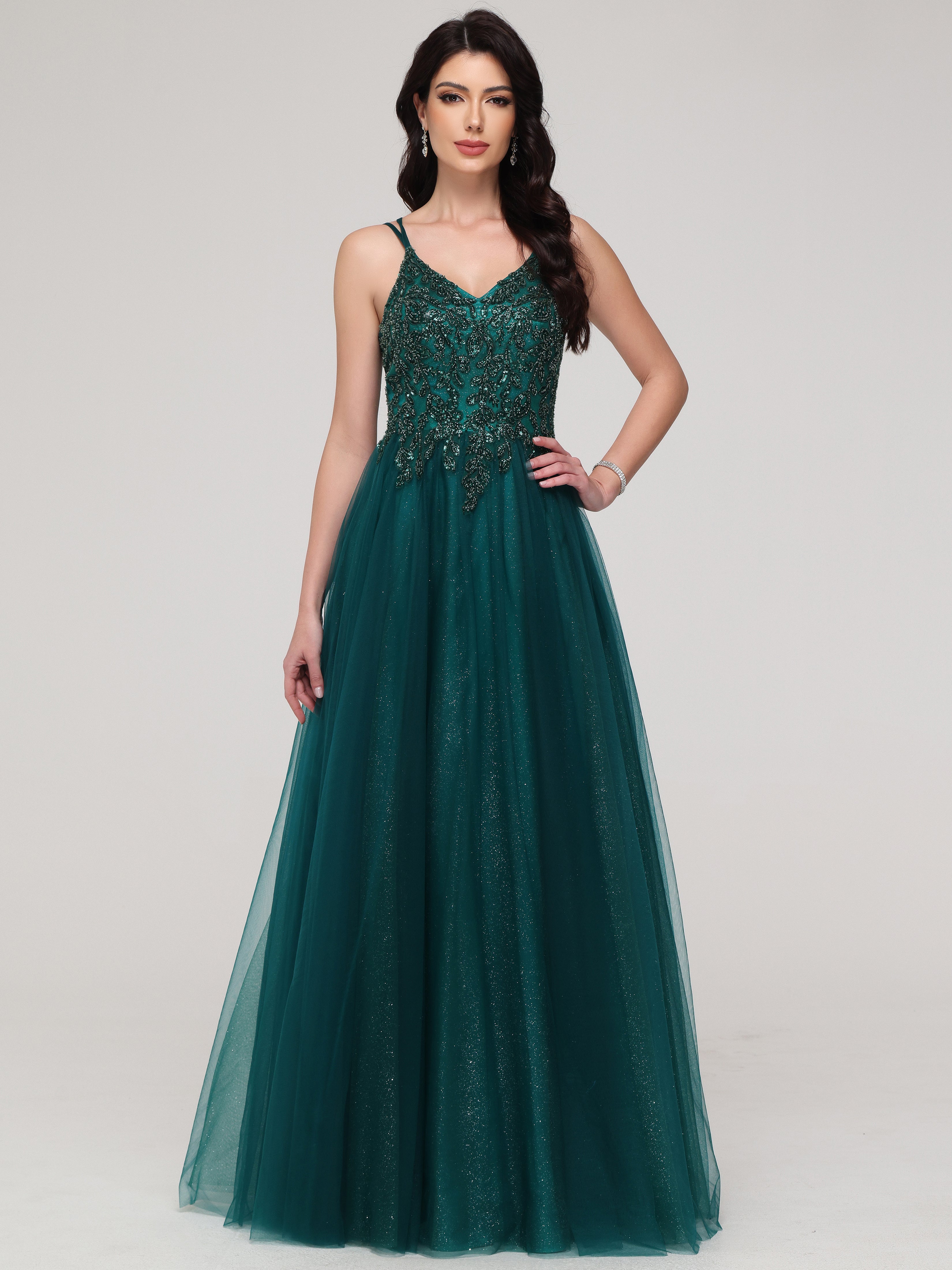 A-line Spaghetti Straps Beaded Long Tulle Prom Dress A-line Spaghetti Straps Beaded Long Tulle Prom Dress