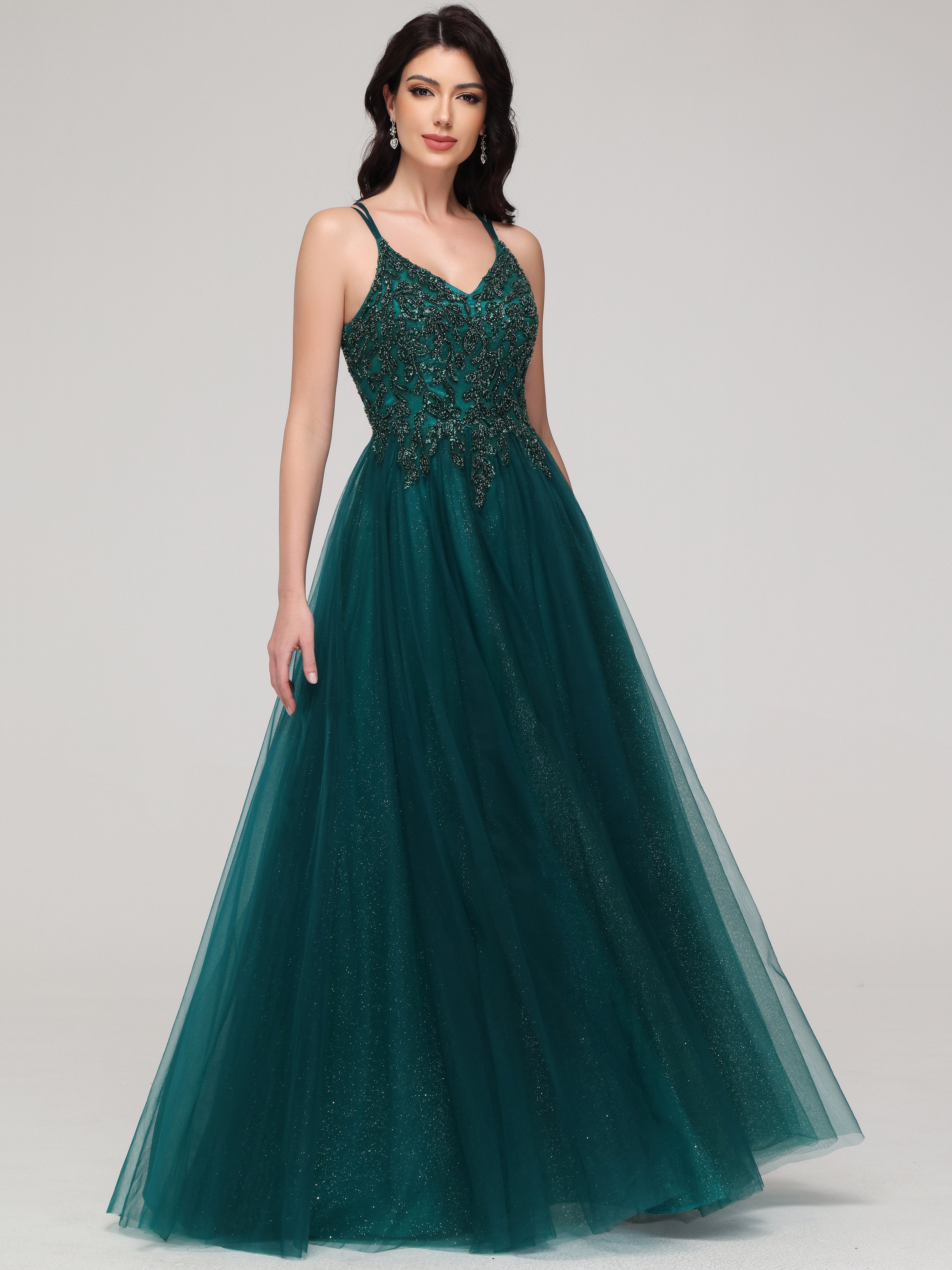A-line Spaghetti Straps Beaded Long Tulle Wedding Guest Dresses A-line Spaghetti Straps Beaded Long Tulle Wedding Guest Dresses