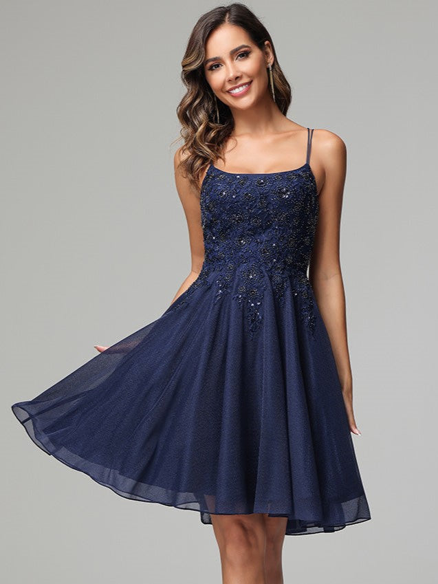 knee length dresses for ladies Dark Navy A-Line Spaghetti Straps Chiffon Homecoming Dress with Beads knee length dresses for ladies Dark Navy A-Line Spaghetti Straps Chiffon Homecoming Dress with Beads