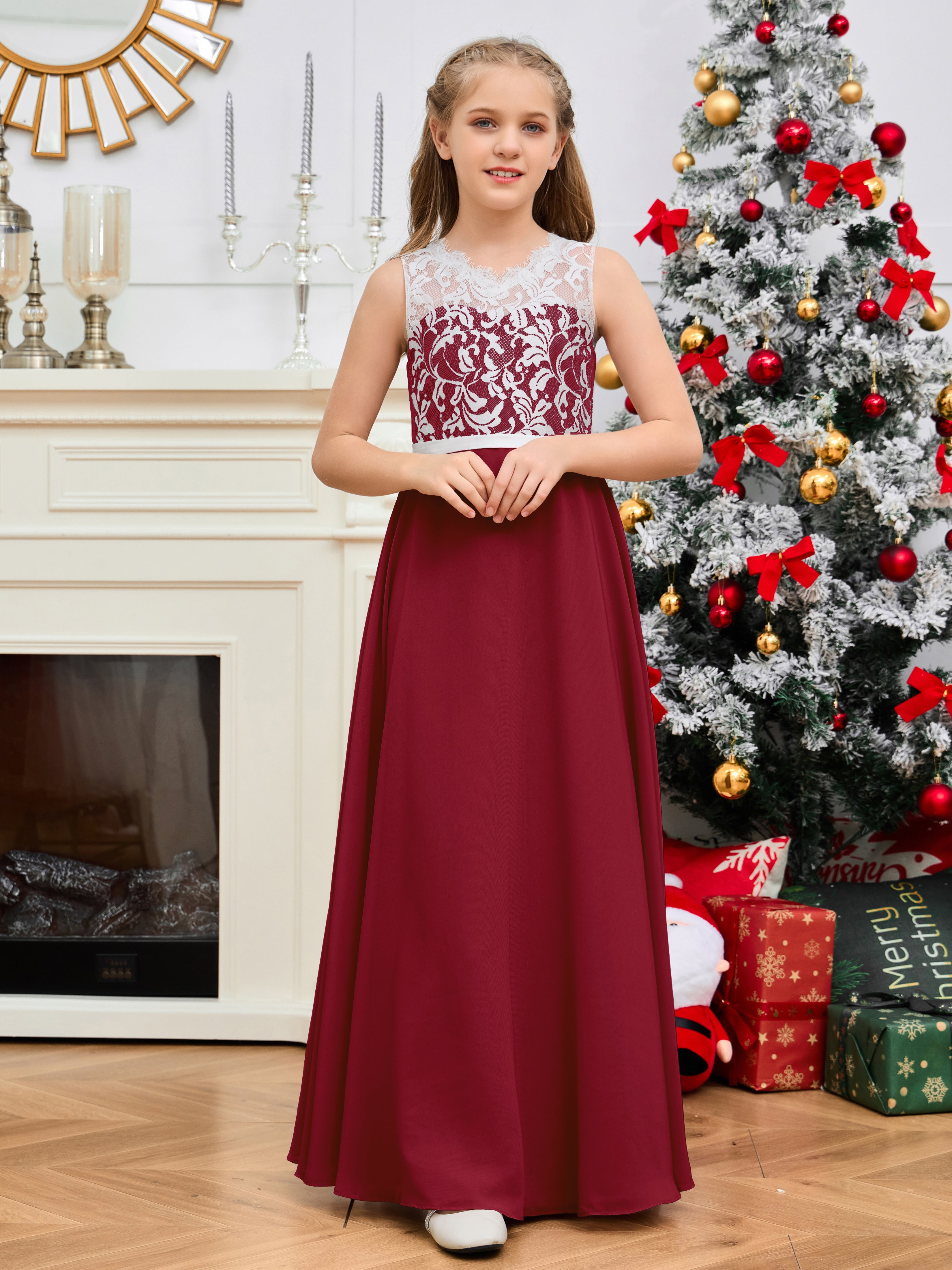 A Line V Back Chiffon Lace Junior Bridesmaid Dress, Burgundy A Line V Back Chiffon Lace Junior Bridesmaid Dress, Burgundy