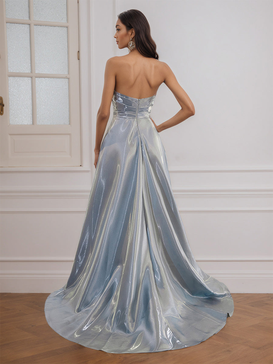 Glitter Strapless A-line Long Prom Dress Liquid Satin Evening Gown