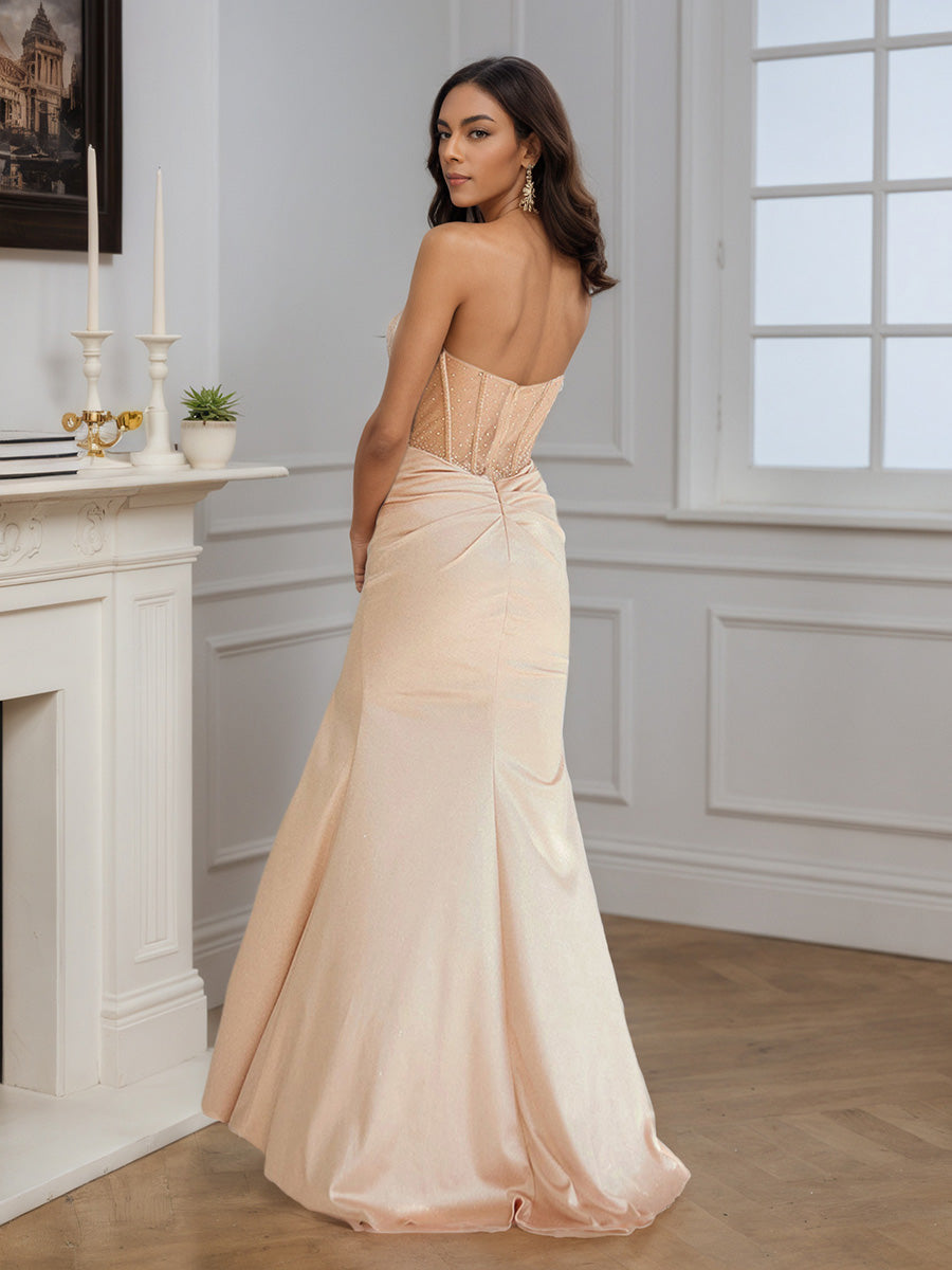 Charming Champagne Strapless Beaded Sweep Train Slit Long Prom Dress