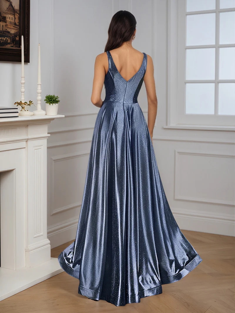 Cicinia Burgundy Prom Dresses Satin V Neck Straps A Line Slit Evening Dresses