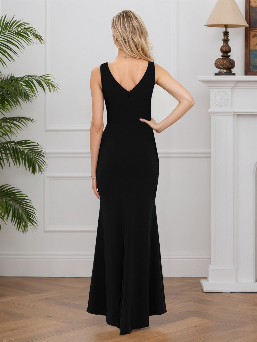 Cicinia Black Mother Of The Groom Dress Long Stretch Fabric Sheath Slit Sweep Train