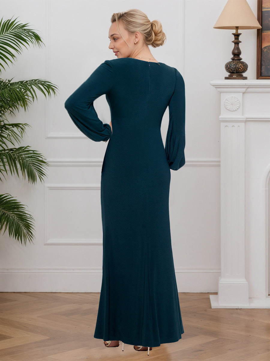 Cicinia Peacock Mother Of The Bride Dress Long Stretch Fabric Sheath V-neck Long Sleeves