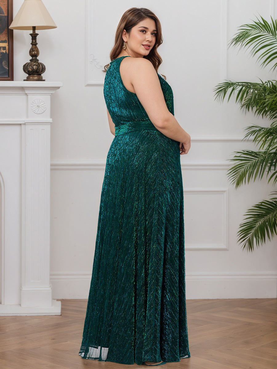 Cicinia Dark Green Prom Dresses Long Glitter Fabric Sleeveless A-line Plus Size