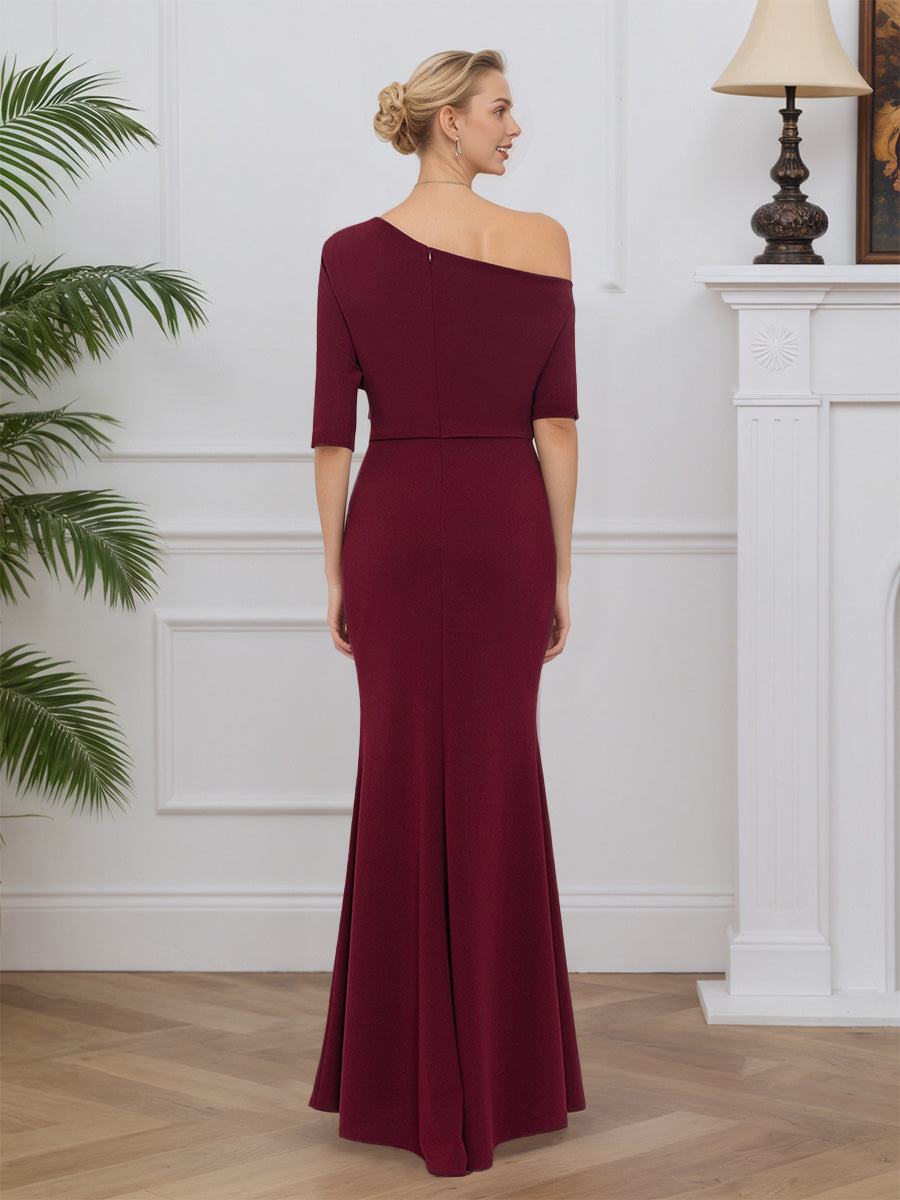 Cicinia Burgundy Mother Of The Bride Dress Long Stretch Fabric Sheath Asymmetric Neckline