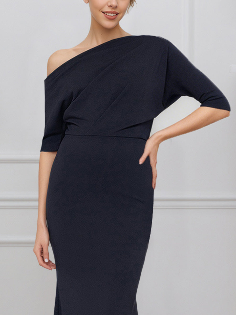 Cicinia Black Mother Of The Bride Dress Long Stretch Fabric Sheath Asymmetric Neckline