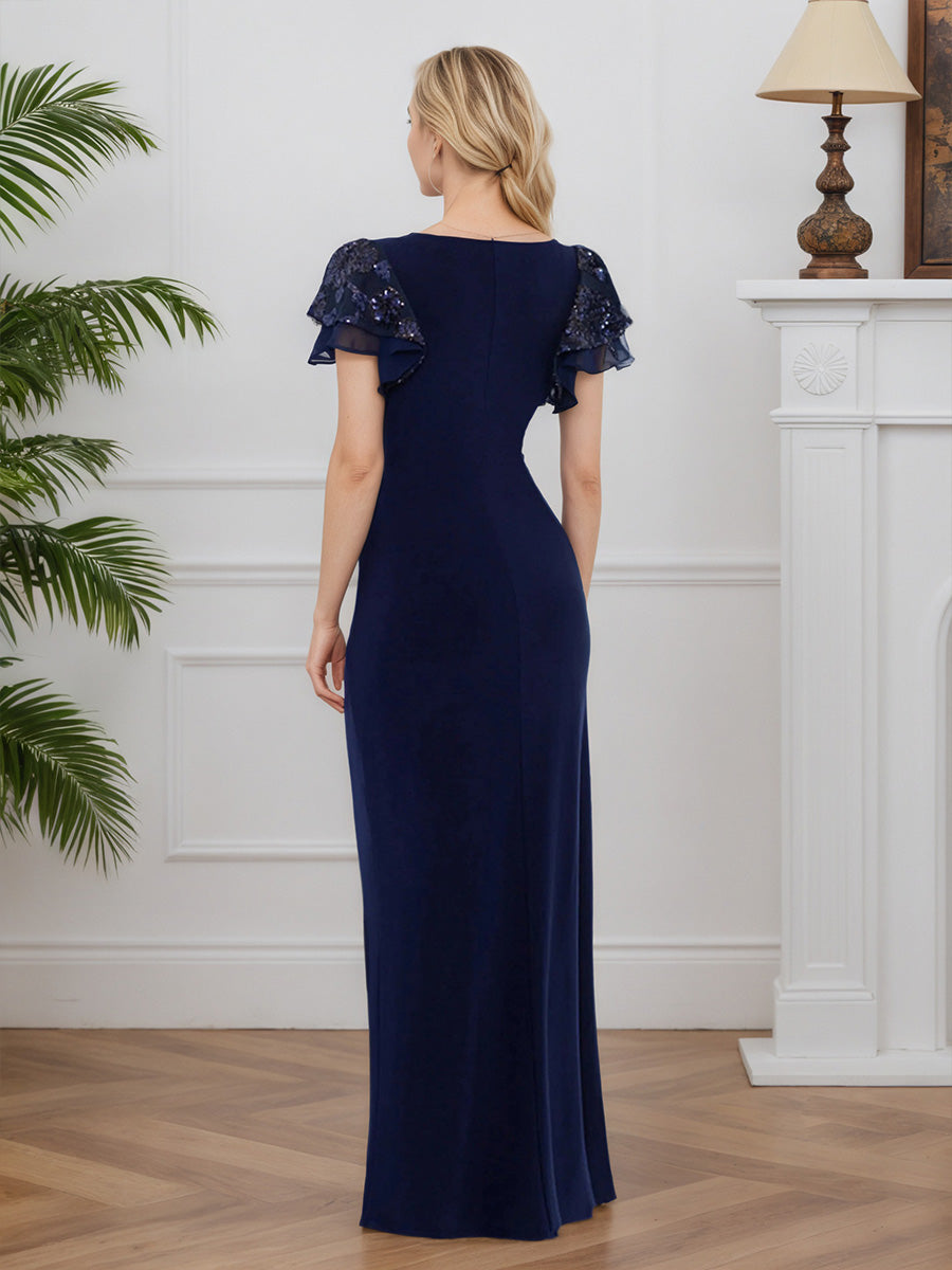 Cicinia Navy Blue Mother Of The Bride Dress Long Lace Stretch Fabric Sheath V-neck