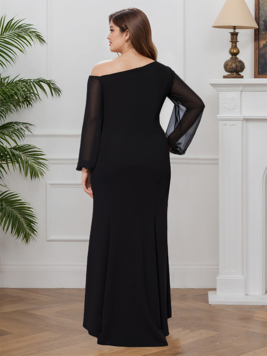 Cicinia Black Mother Of The Groom Dress Long Stretch Fabric Sheath Long Sleeves Slit Plus Size