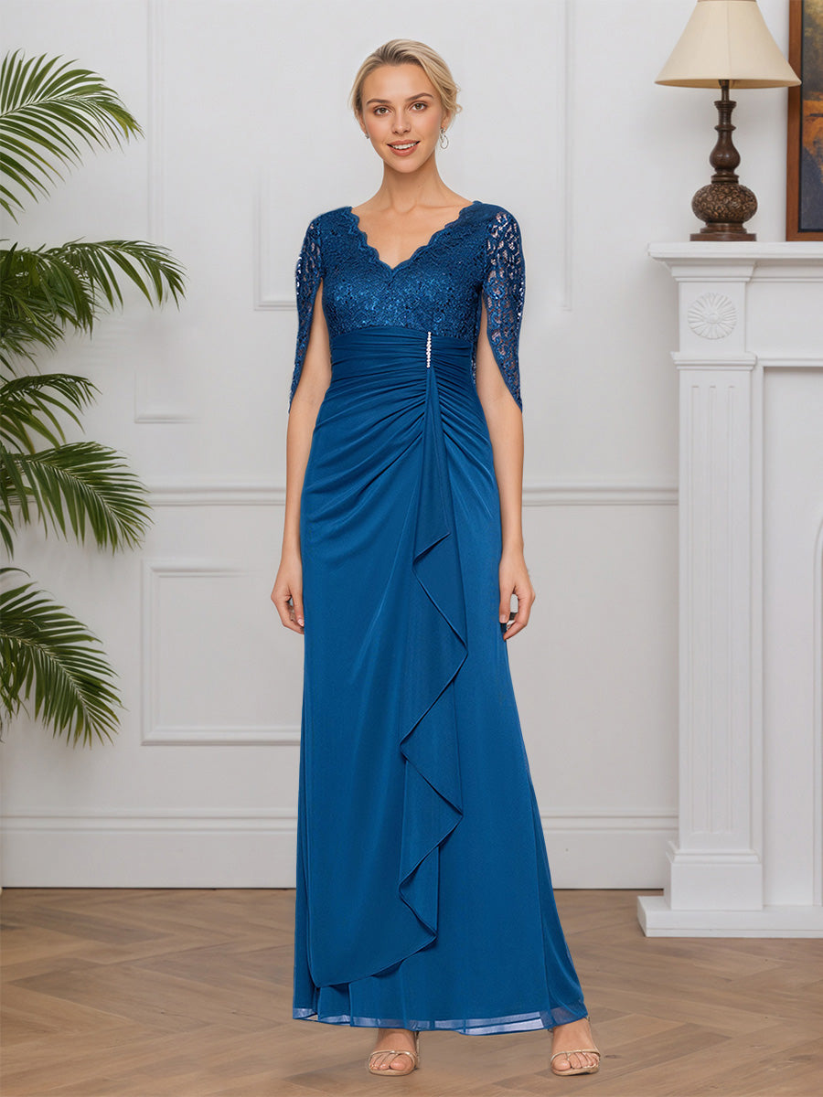 Cicinia Blue Mother Of The Bride Dress Long Lace Chiffon V-neck Floor