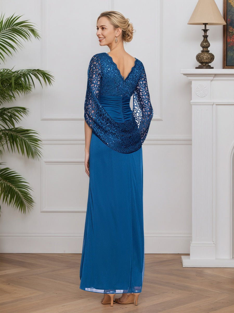 Cicinia Blue Mother Of The Bride Dress Long Lace Chiffon V-neck Floor Length