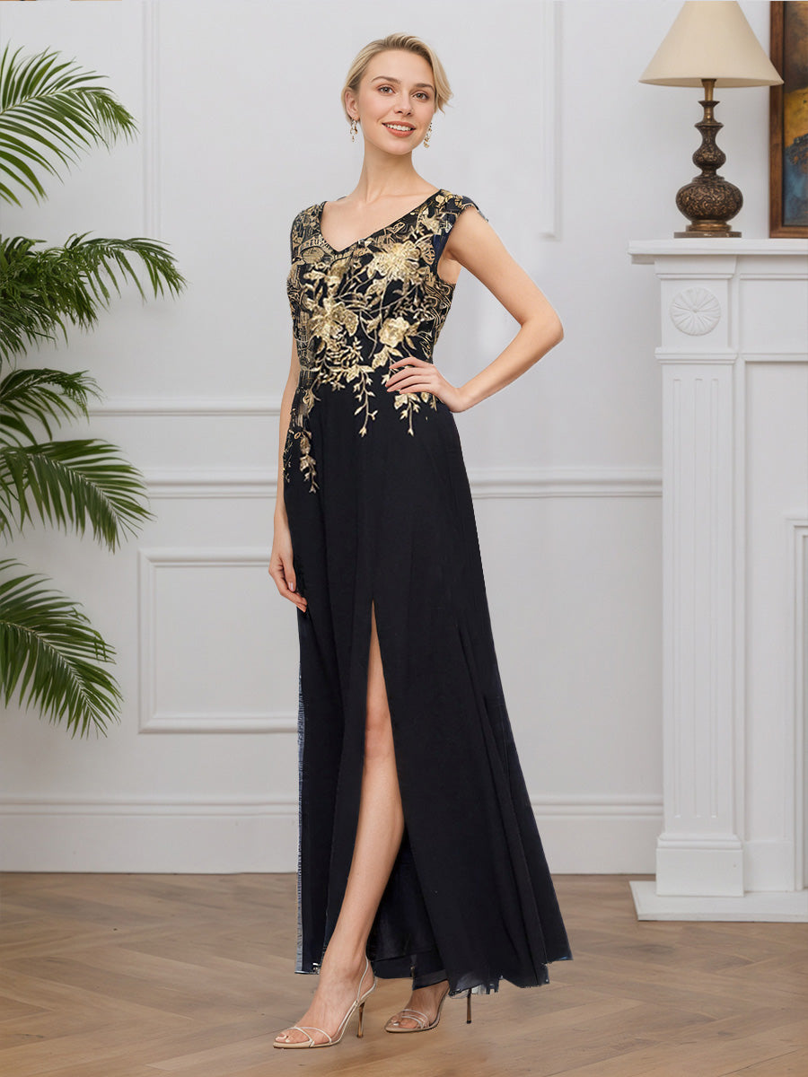 Cicinia Black Mother Of The Bride Dress Long Lace Chiffon V-neck A-line Slit