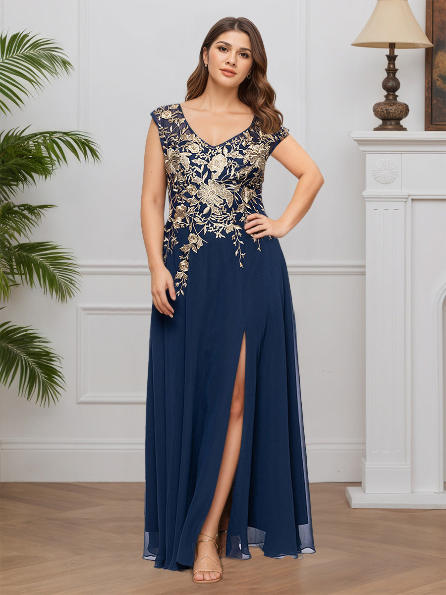 Cicinia Navy Blue Prom Dresses Long Lace Chiffon V-neck A-line Slit Pl