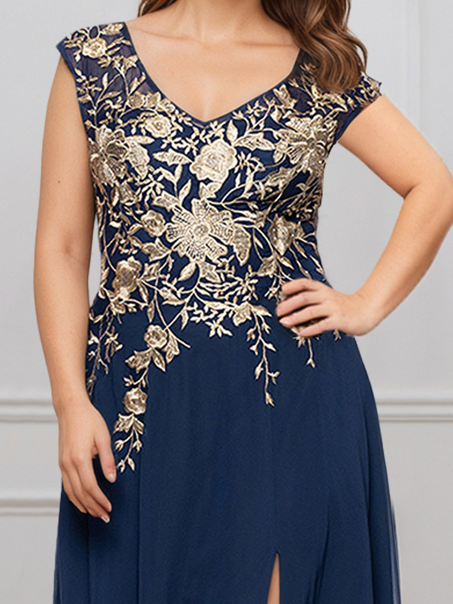 Cicinia Navy Blue Mother Of The Groom Dress Long Lace Chiffon V-neck A-line Slit Plus Size