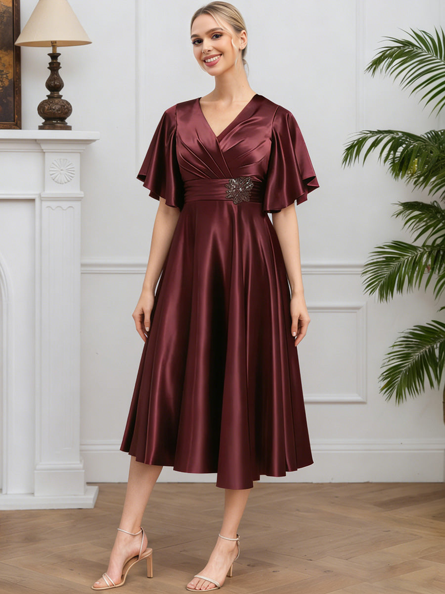 Cicinia Cabernet Mother Of The Bride Dress Long Soft Satin V-neck A-line Tea Length