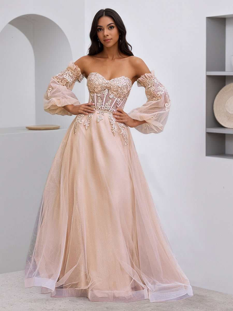 Flowy Champagne Sweetheart Strapless Sheer Waist Prom Dresses with Det