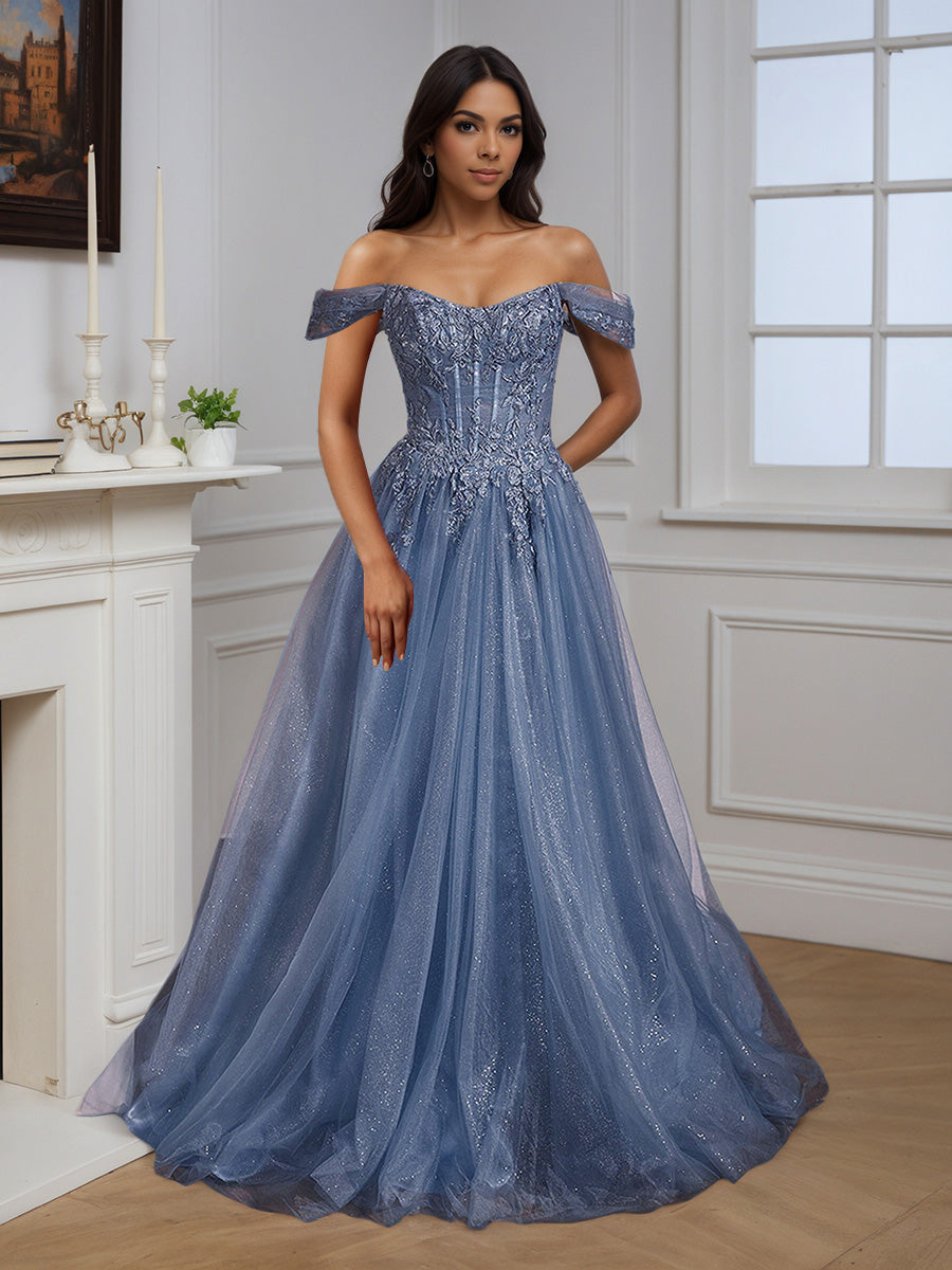 Stunning Dusty Blue Off The Shoulder Appliques A Line Prom Dresses with Slit