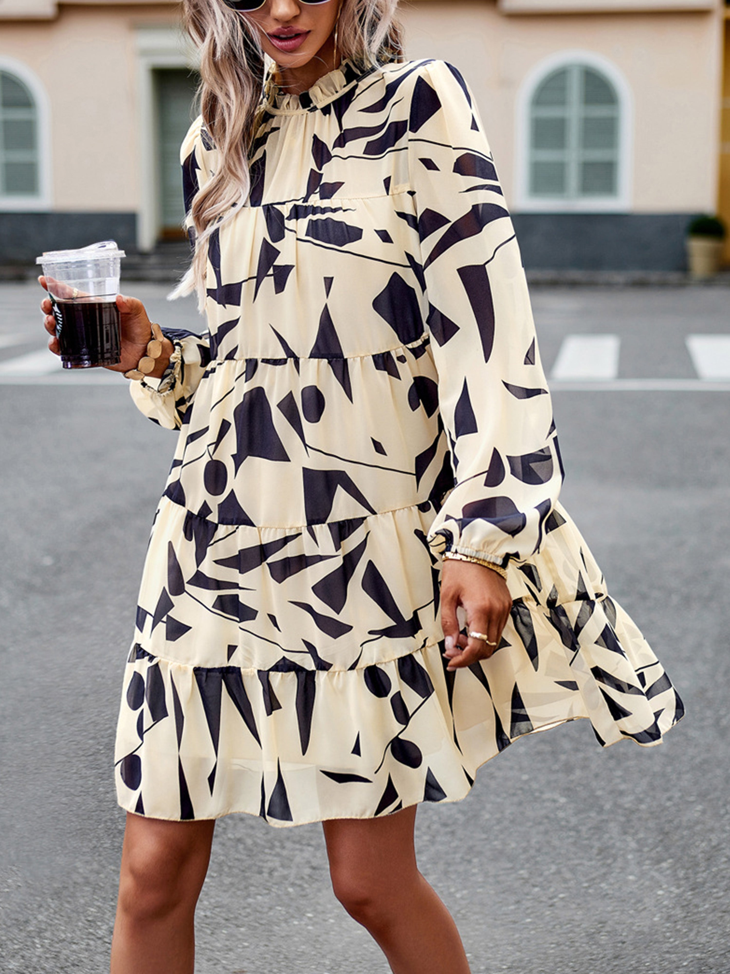 Elegant Floral Printed Long Sleeves Short Wedding Guest Dress, Apricot / S Elegant Floral Printed Long Sleeves Short Wedding Guest Dress, Apricot / S