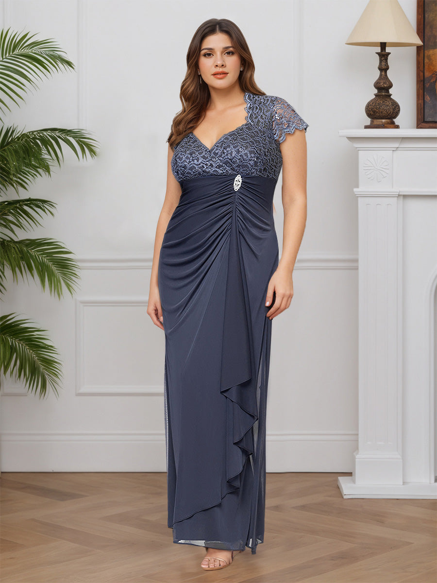 Cicinia Gray Prom Dresses Long Lace V-neck Sheath Cap Sleeves