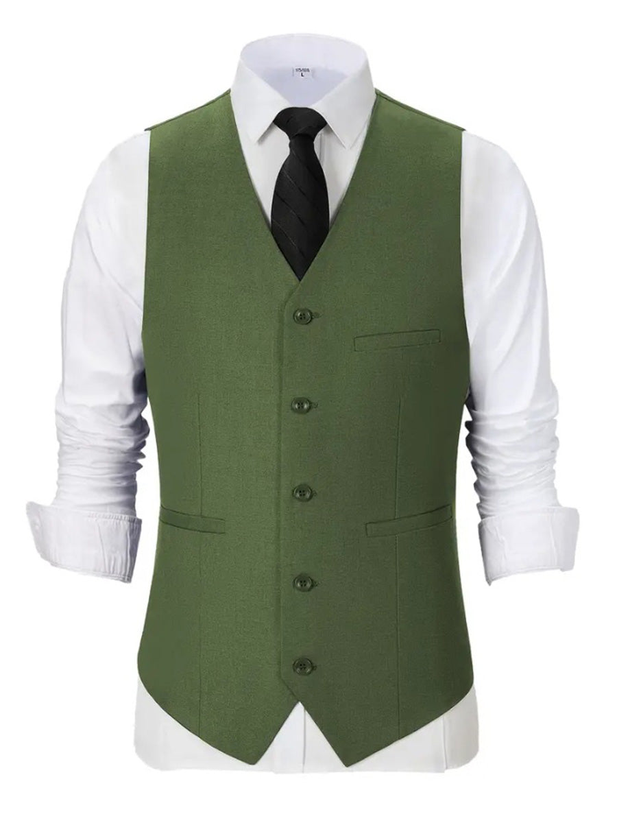Simple Olive Green Single Breasted Slim Fit Solid Color Men's Suit Ves