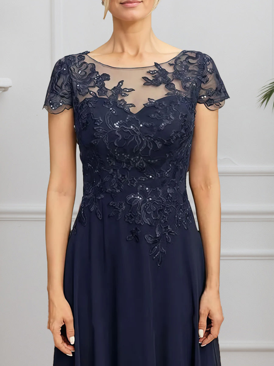 Cicinia Dark Navy Mother Of The Bride Dress Long Chiffon Lace A-line Cap Sleeves