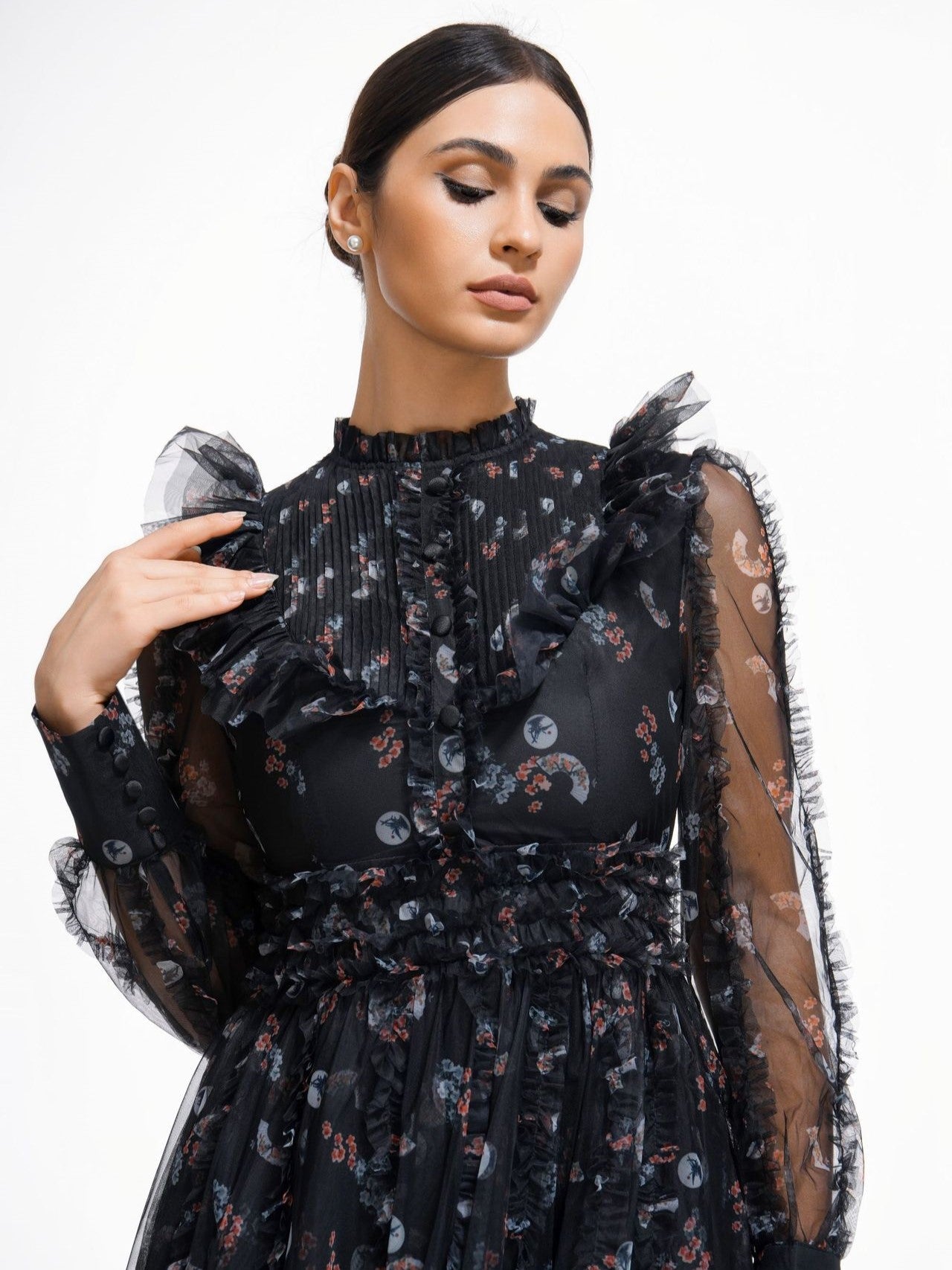 Black Elegant Ruffled Long Sleeve Floral Maxi Formal Dress, Black / L