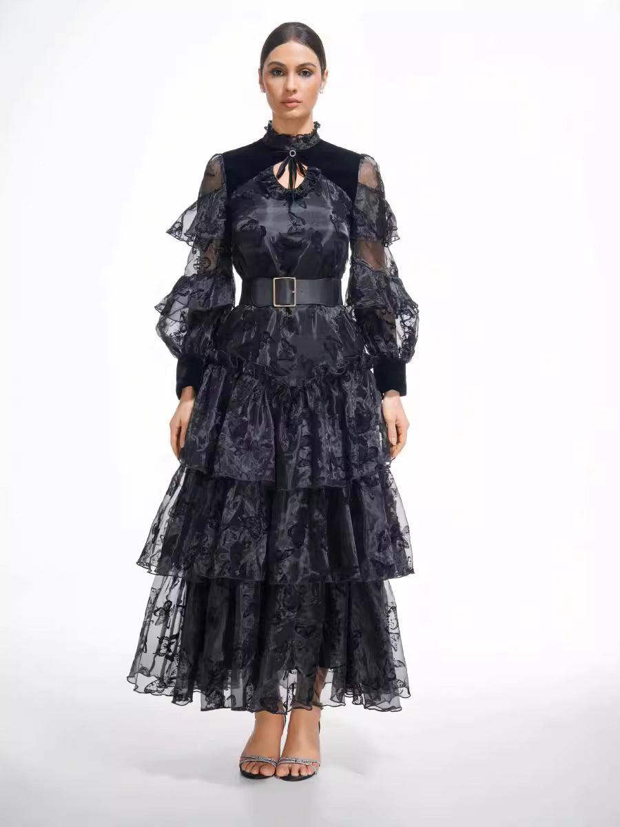 Black High Neck Lolita Butterfly Printed Layered Long Prom Dresses with Belt, Black / S Black High Neck Lolita Butterfly Printed Layered Long Prom Dresses with Belt, Black / S