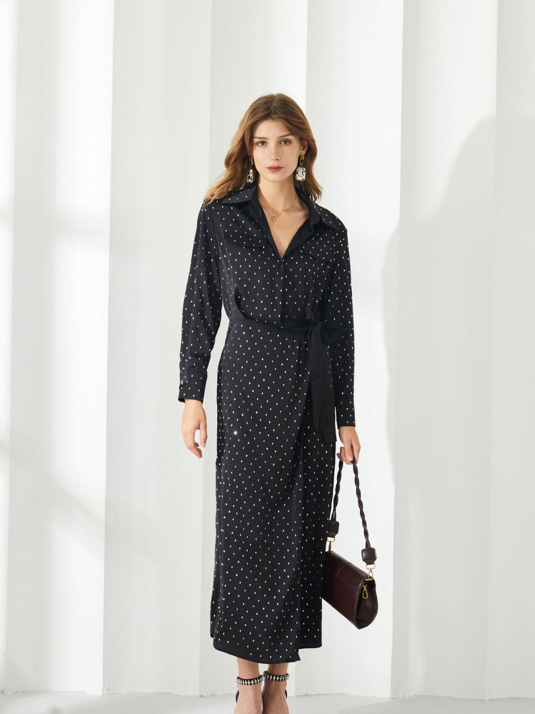 Black Polka Dot Rhinestone Long Sleeve Bowknot A-Line Formal Dress, Black / XL Black Polka Dot Rhinestone Long Sleeve Bowknot A-Line Formal Dress, Black / XL