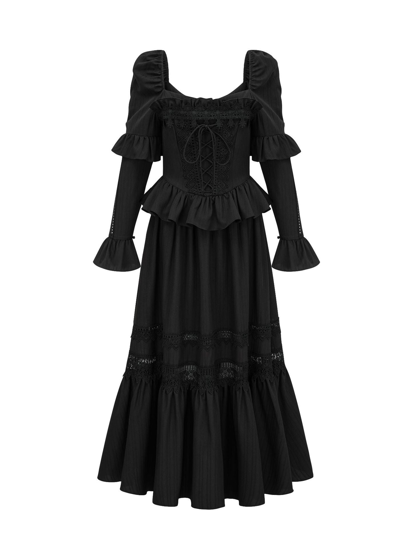 Black Princess Flared Sleeves Square Neck Waistband Lace Appliques Maxi Prom Dress, Black / L