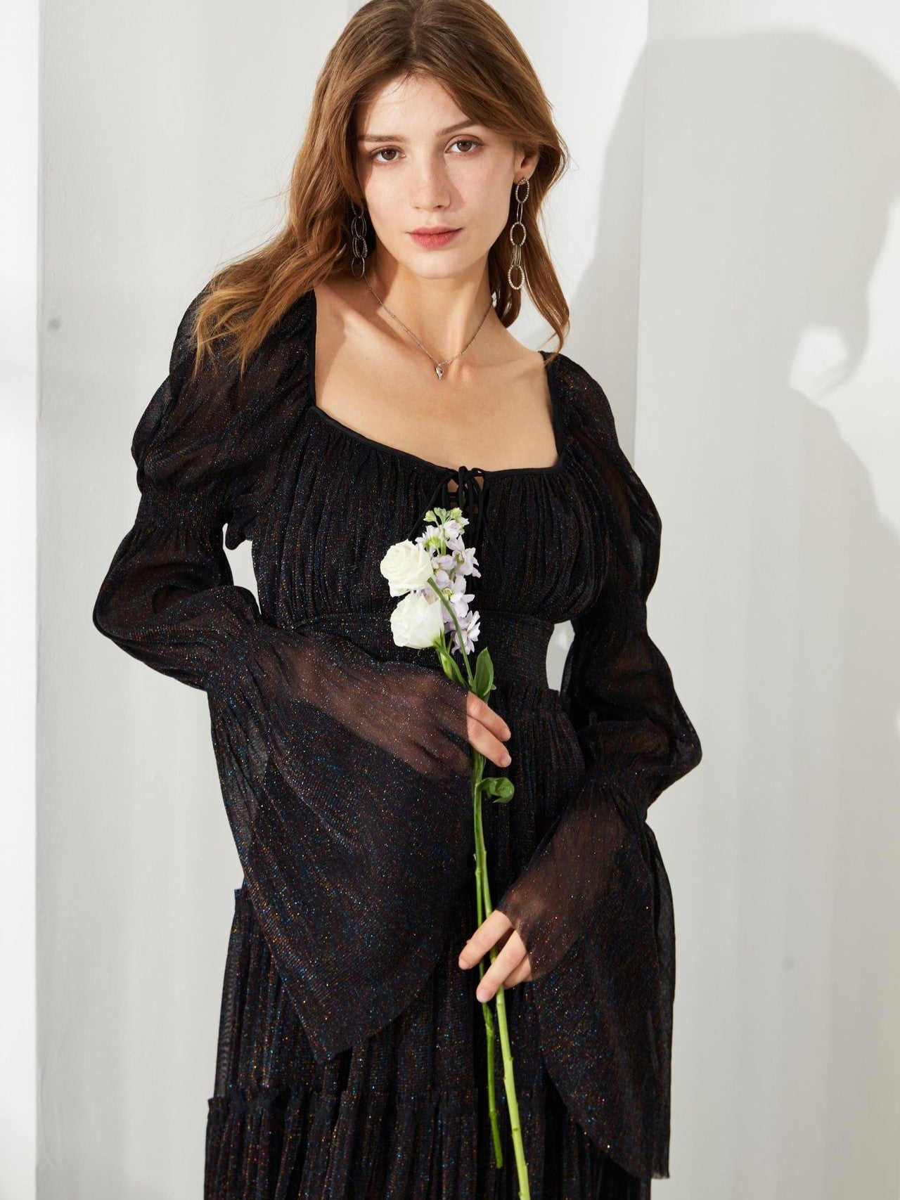 Black Square Neck Long Sleeves Shiny Colorful Mesh Formal Dress Black Square Neck Long Sleeves Shiny Colorful Mesh Formal Dress